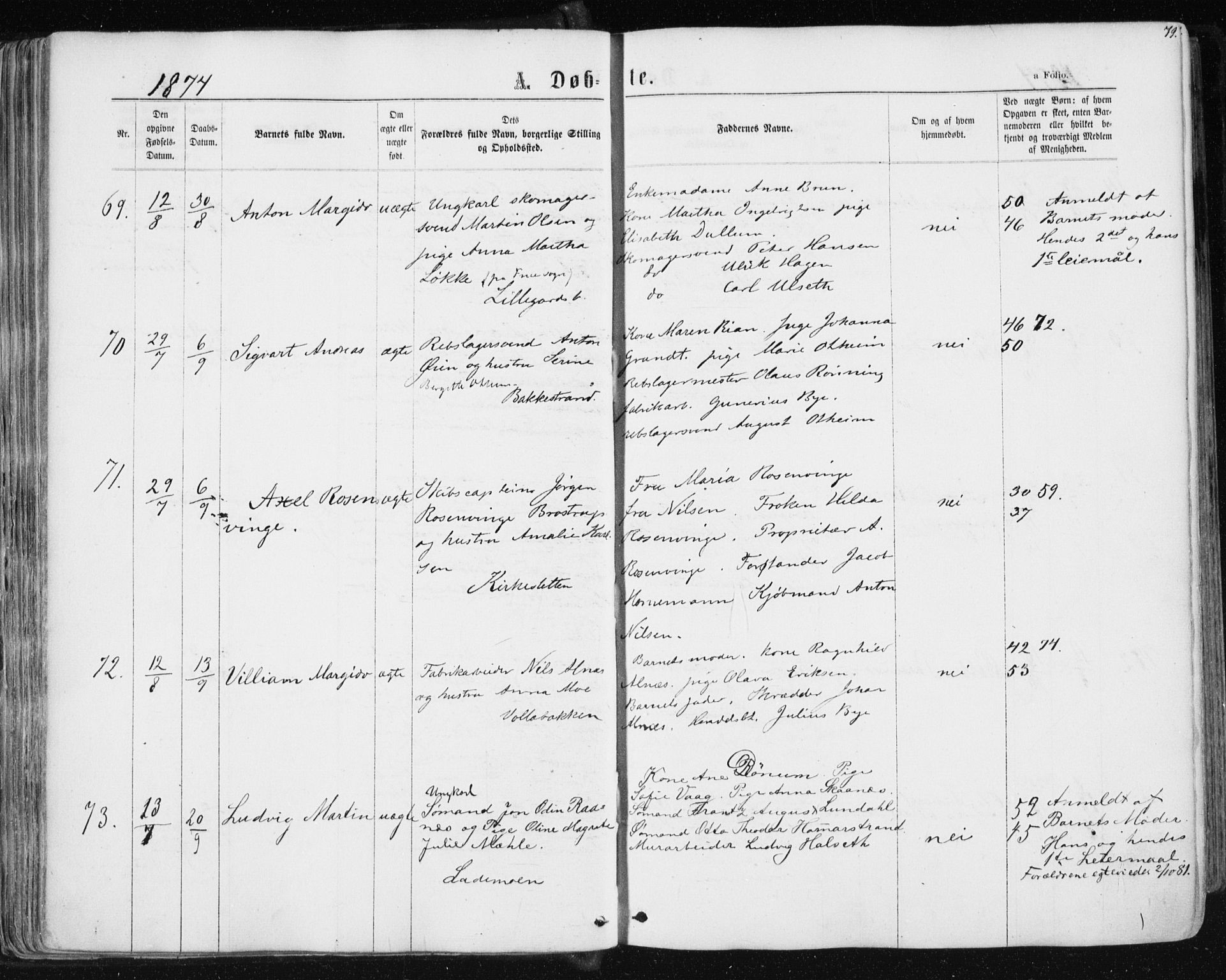 Ministerialprotokoller, klokkerbøker og fødselsregistre - Sør-Trøndelag, SAT/A-1456/604/L0186: Ministerialbok nr. 604A07, 1866-1877, s. 79