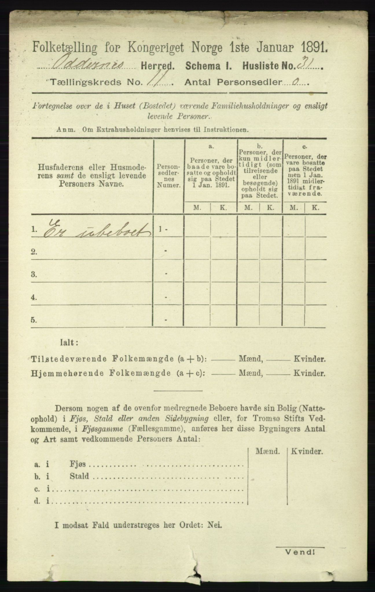 RA, Folketelling 1891 for 1012 Oddernes herred, 1891, s. 4133