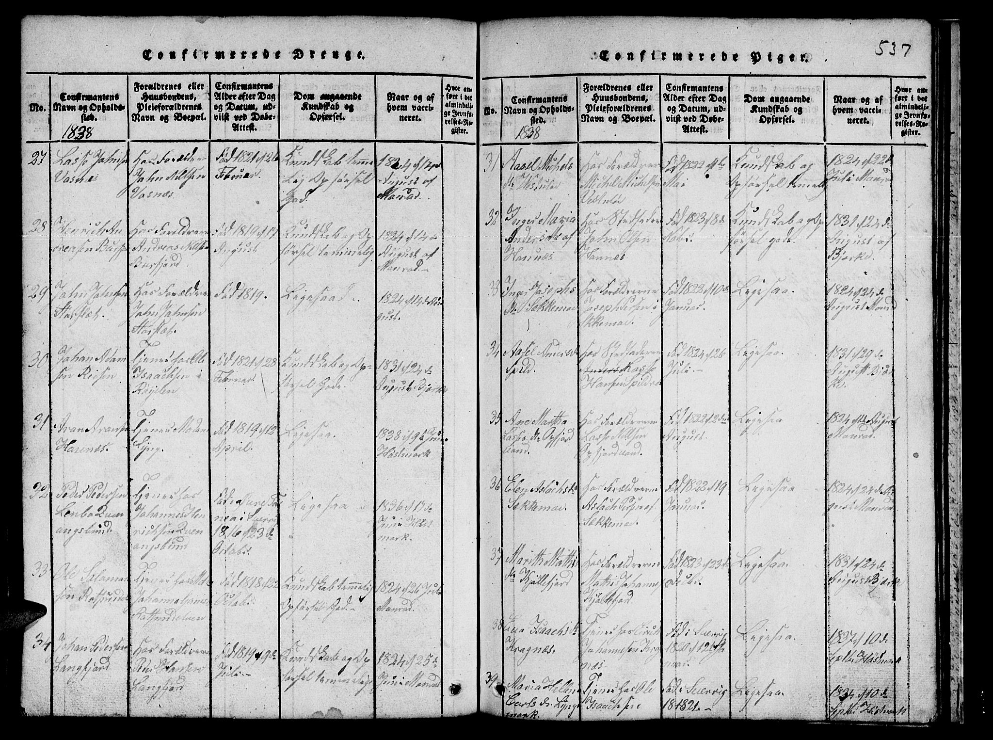 Skjervøy sokneprestkontor, AV/SATØ-S-1300/H/Ha/Hab/L0001klokker: Klokkerbok nr. 1, 1825-1838, s. 536-537