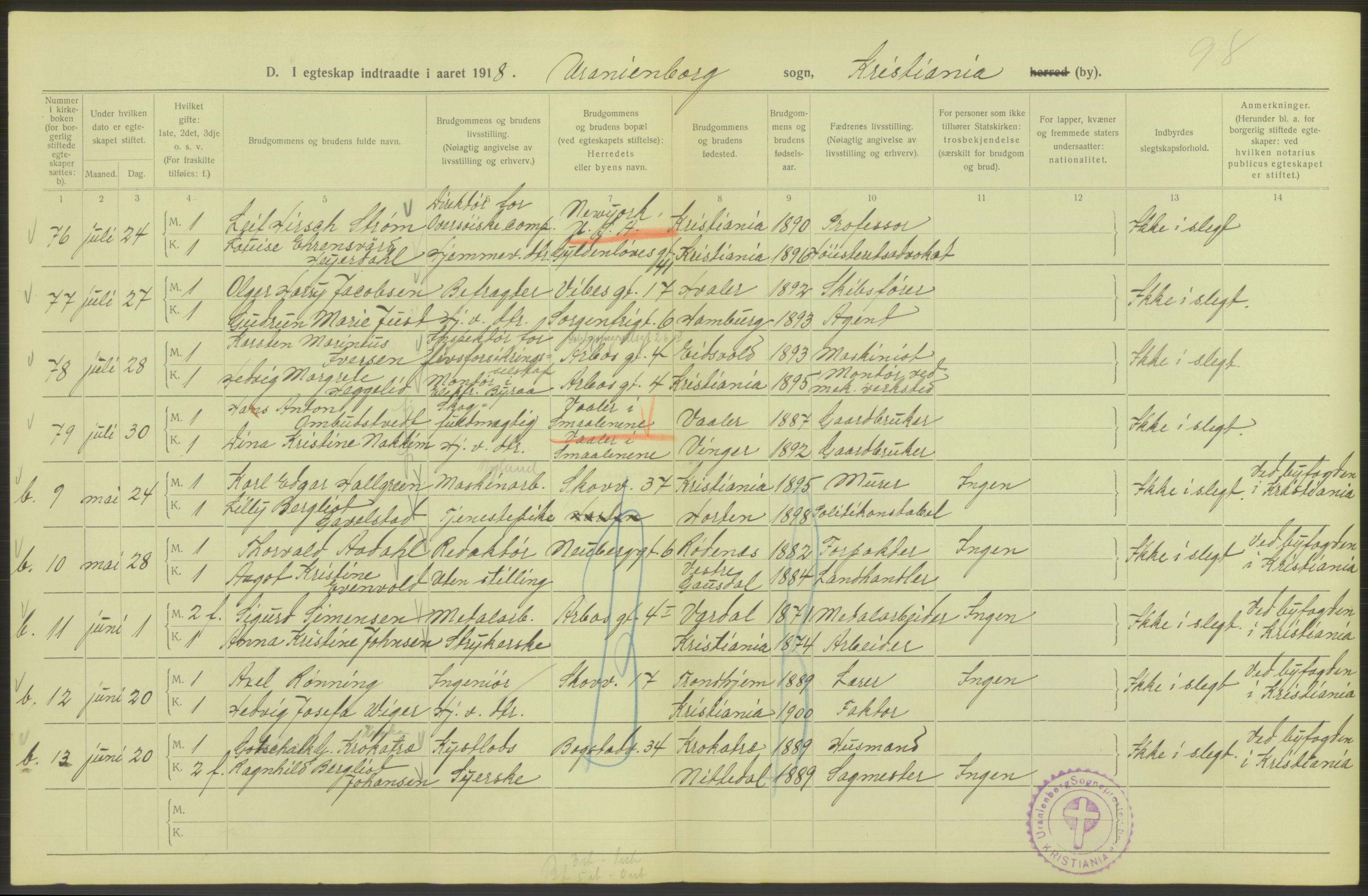 Statistisk sentralbyrå, Sosiodemografiske emner, Befolkning, AV/RA-S-2228/D/Df/Dfb/Dfbh/L0009: Kristiania: Gifte, 1918, s. 22