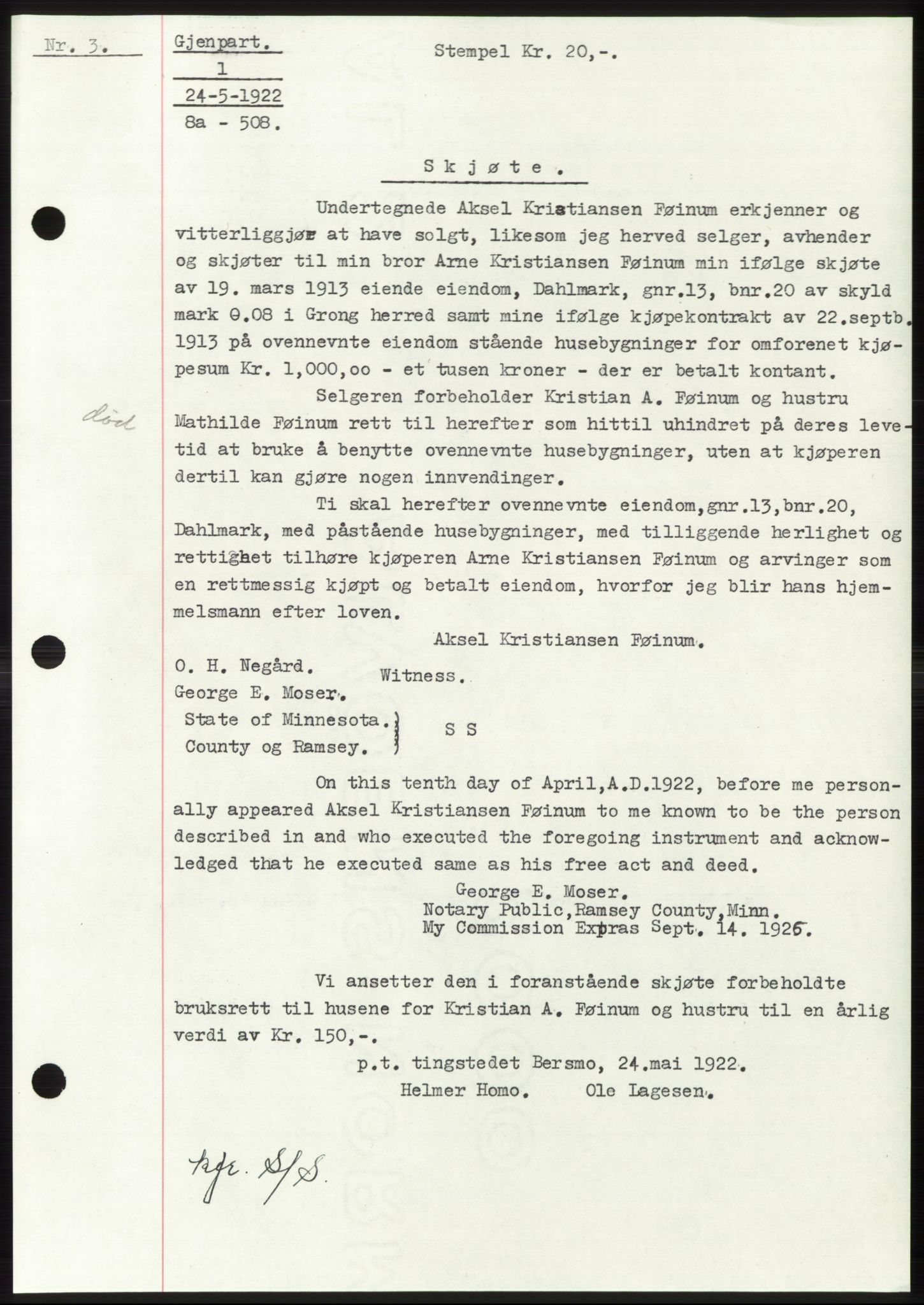 Namdal sorenskriveri, SAT/A-4133/1/2/2C: Pantebok nr. -, 1922-1925, Tingl.dato: 24.05.1922