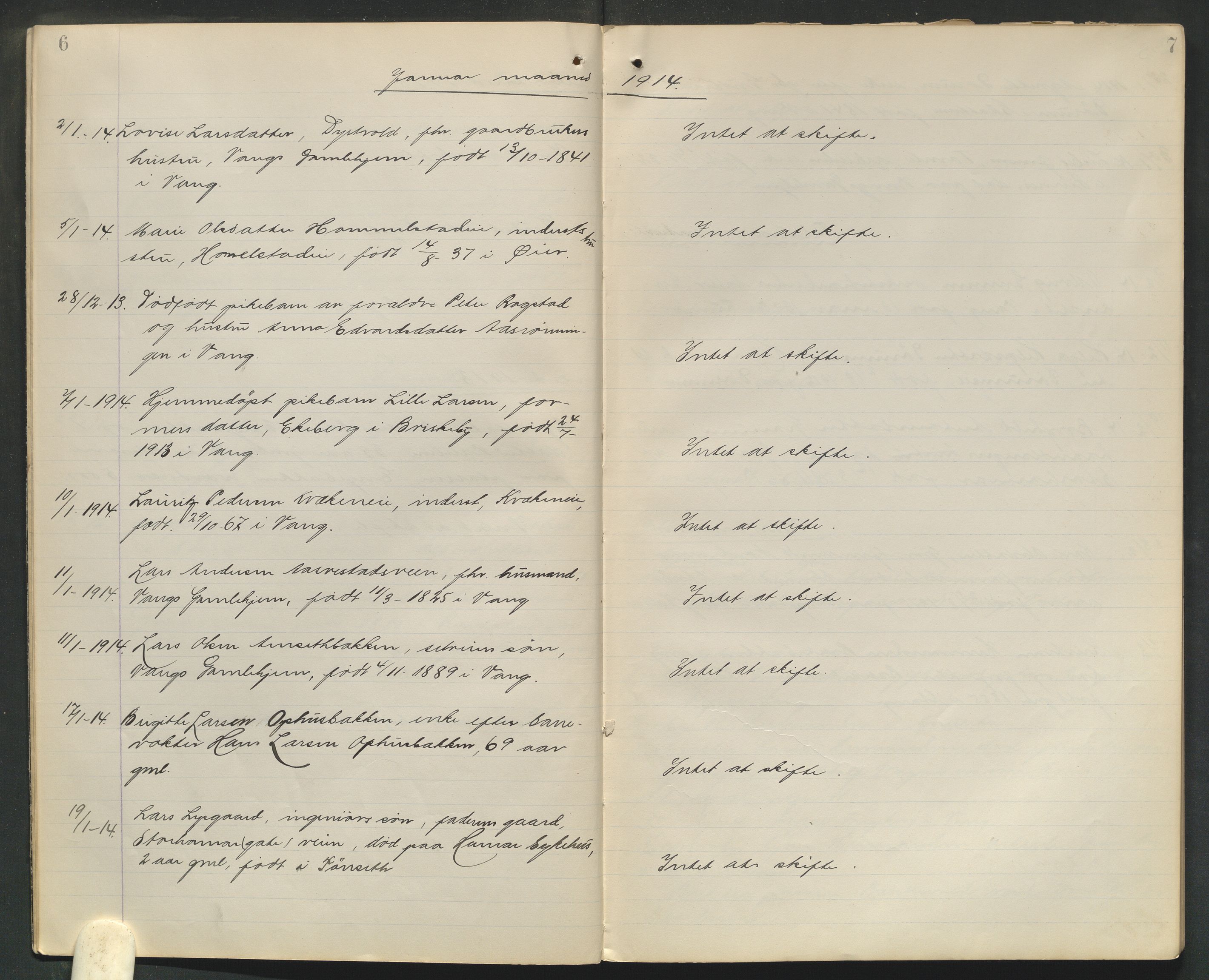 Nord-Hedmark sorenskriveri, AV/SAH-TING-012/J/Ji/L0010: Dødsfallsprotokoll - Vang, 1913-1916, s. 6-7