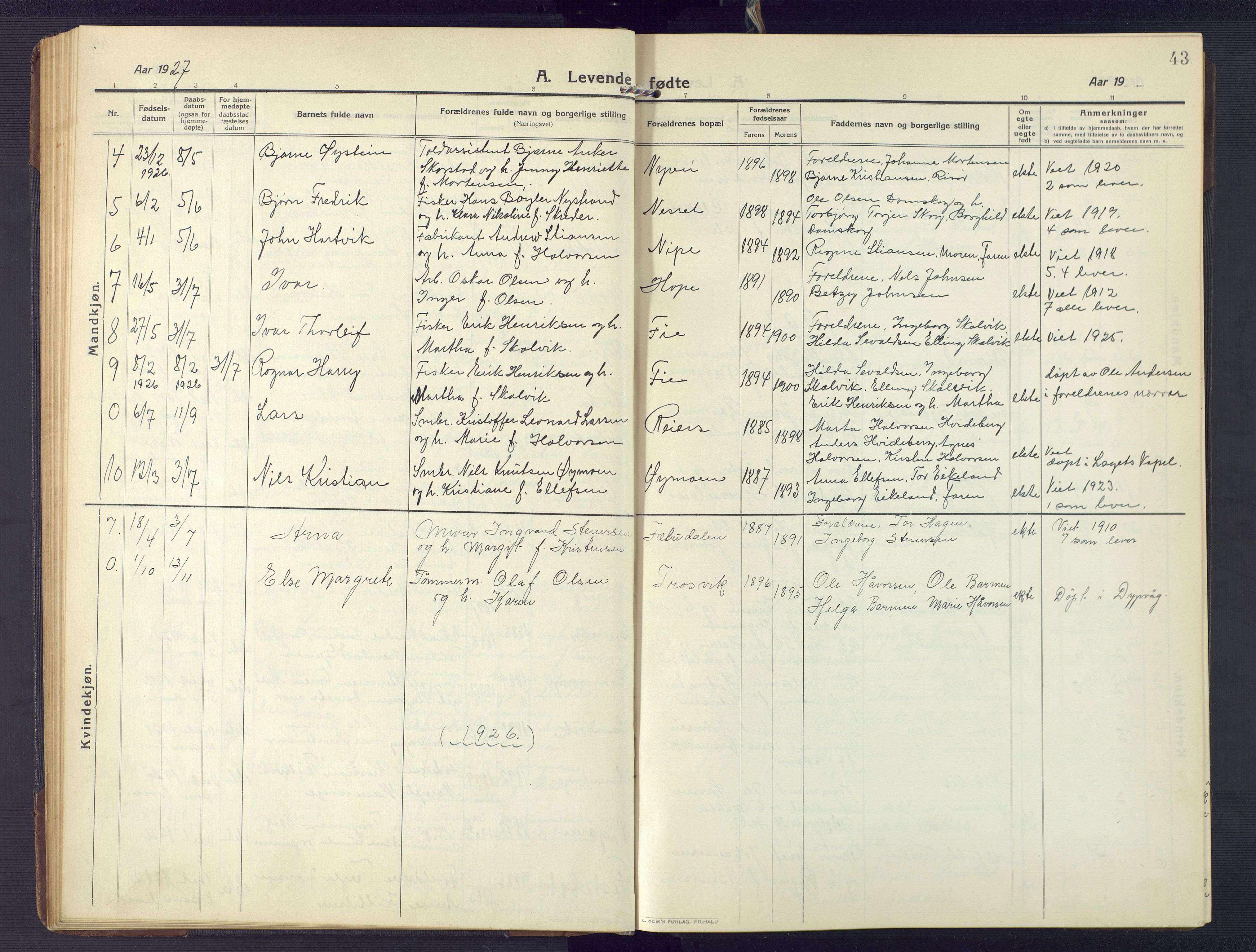 Søndeled sokneprestkontor, AV/SAK-1111-0038/F/Fb/L0006: Klokkerbok nr. B 7, 1912-1947, s. 43