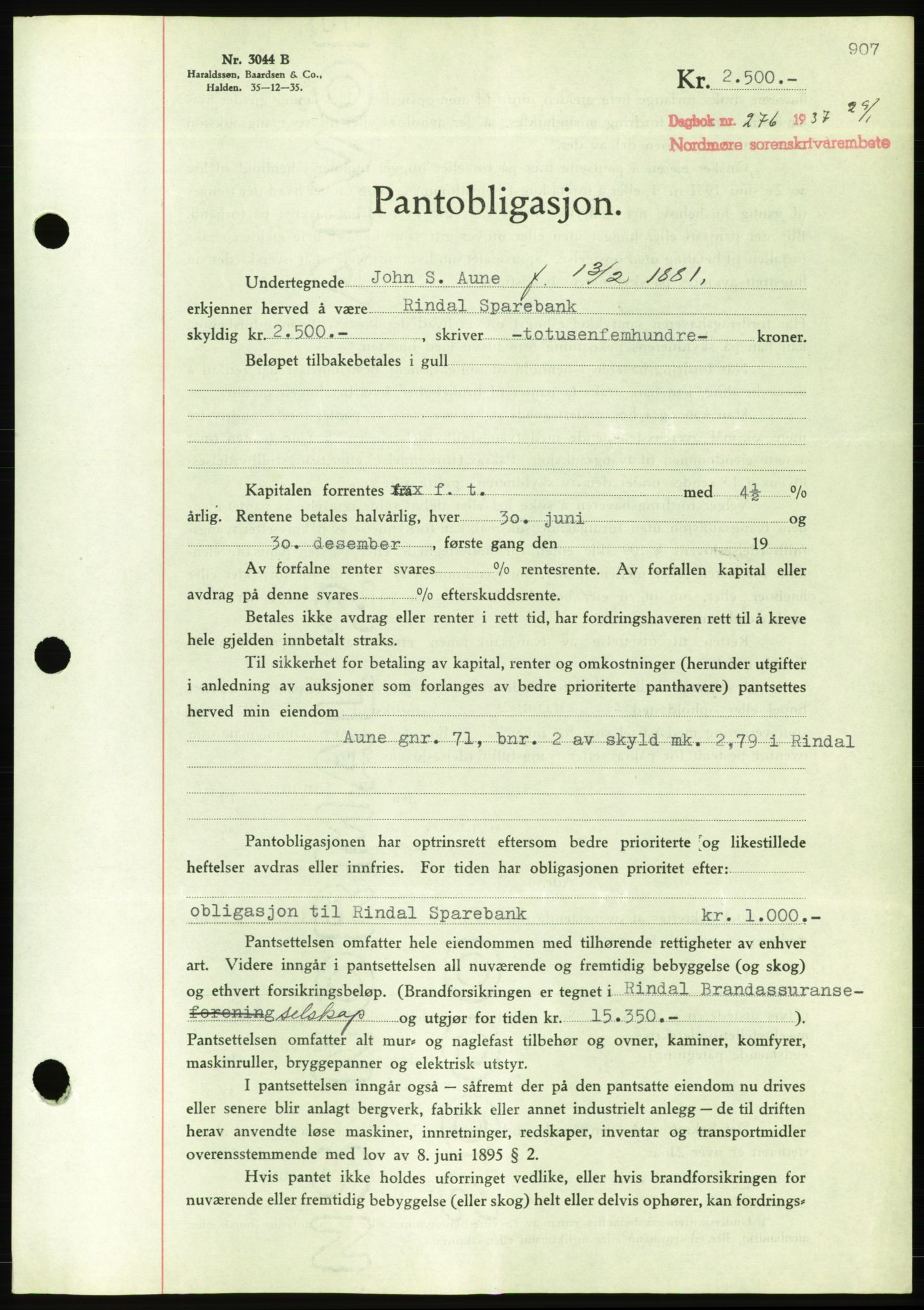 Nordmøre sorenskriveri, AV/SAT-A-4132/1/2/2Ca/L0090: Pantebok nr. B80, 1936-1937, Dagboknr: 276/1937