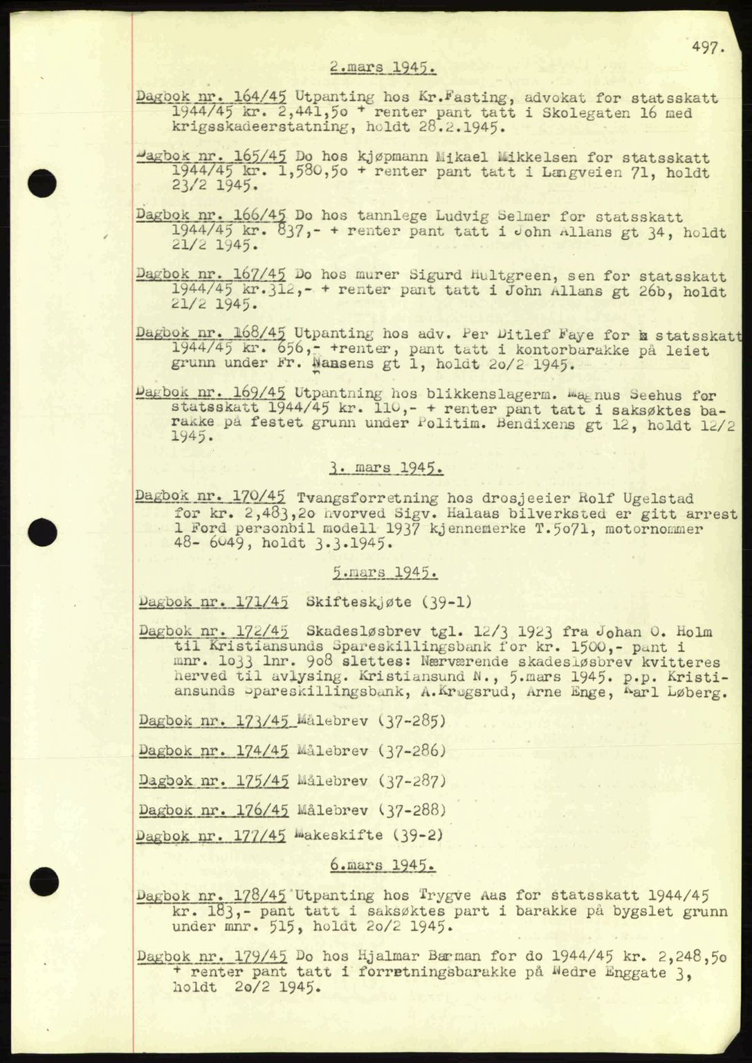 Kristiansund byfogd, AV/SAT-A-4587/A/27: Pantebok nr. 32a, 1938-1946, Dagboknr: 164/1945