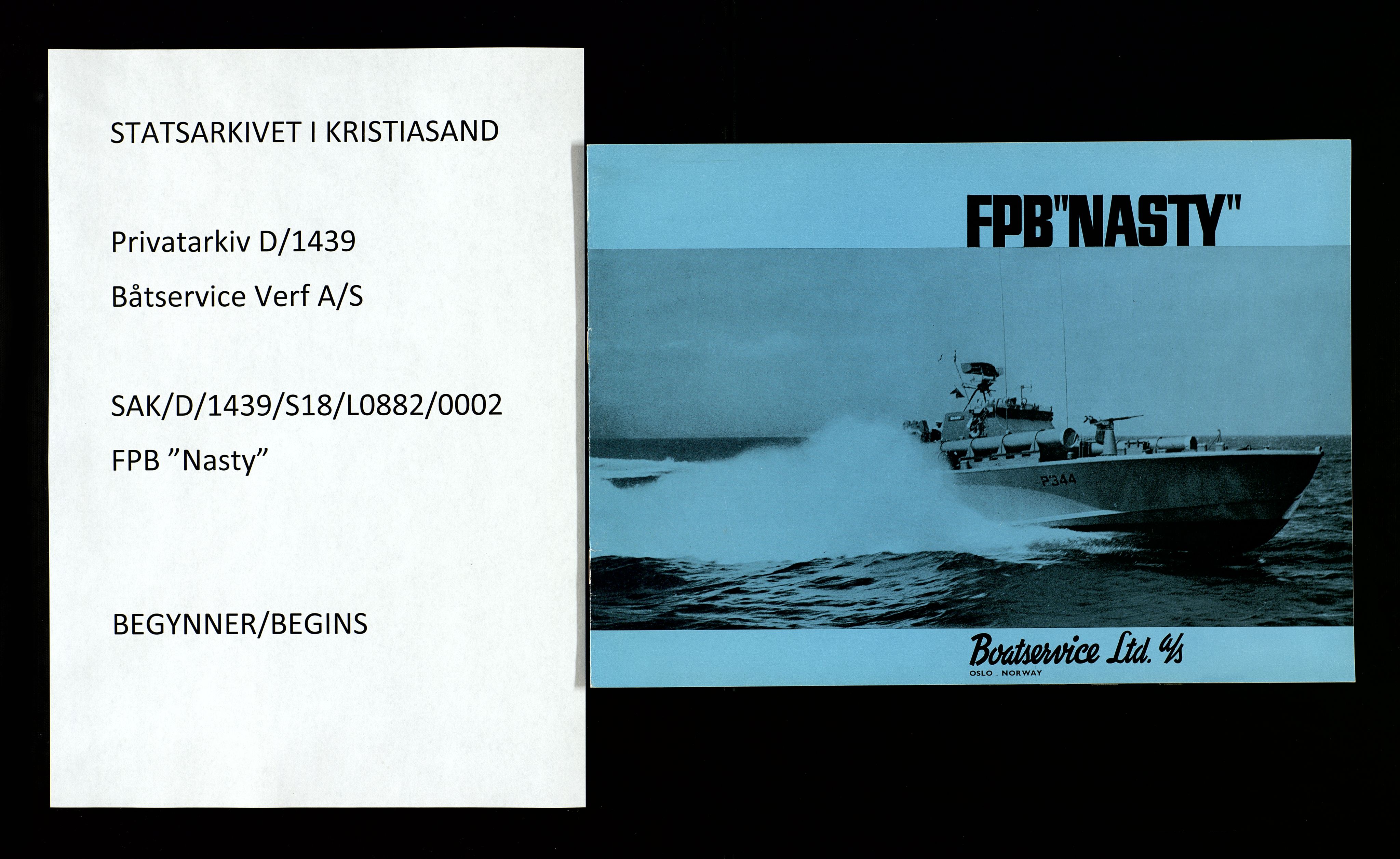 Båtservice Verft A/S, SAK/D/1439/S18/L0882/0002: Reklame, jubileumsbok, historikk / FPB "Nasty", 1969