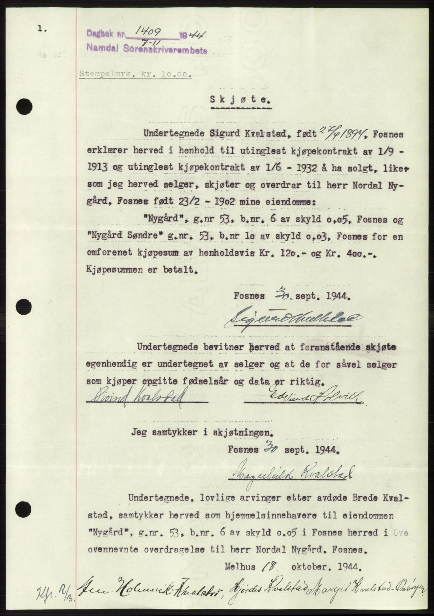 Namdal sorenskriveri, SAT/A-4133/1/2/2C: Pantebok nr. -, 1944-1945, Dagboknr: 1409/1944