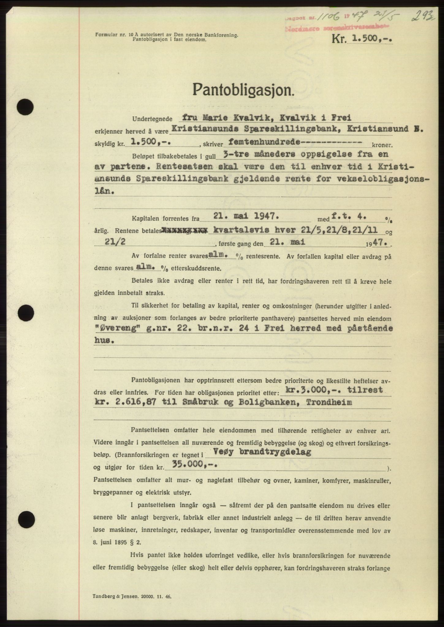 Nordmøre sorenskriveri, SAT/A-4132/1/2/2Ca: Pantebok nr. B96, 1947-1947, Dagboknr: 1106/1947