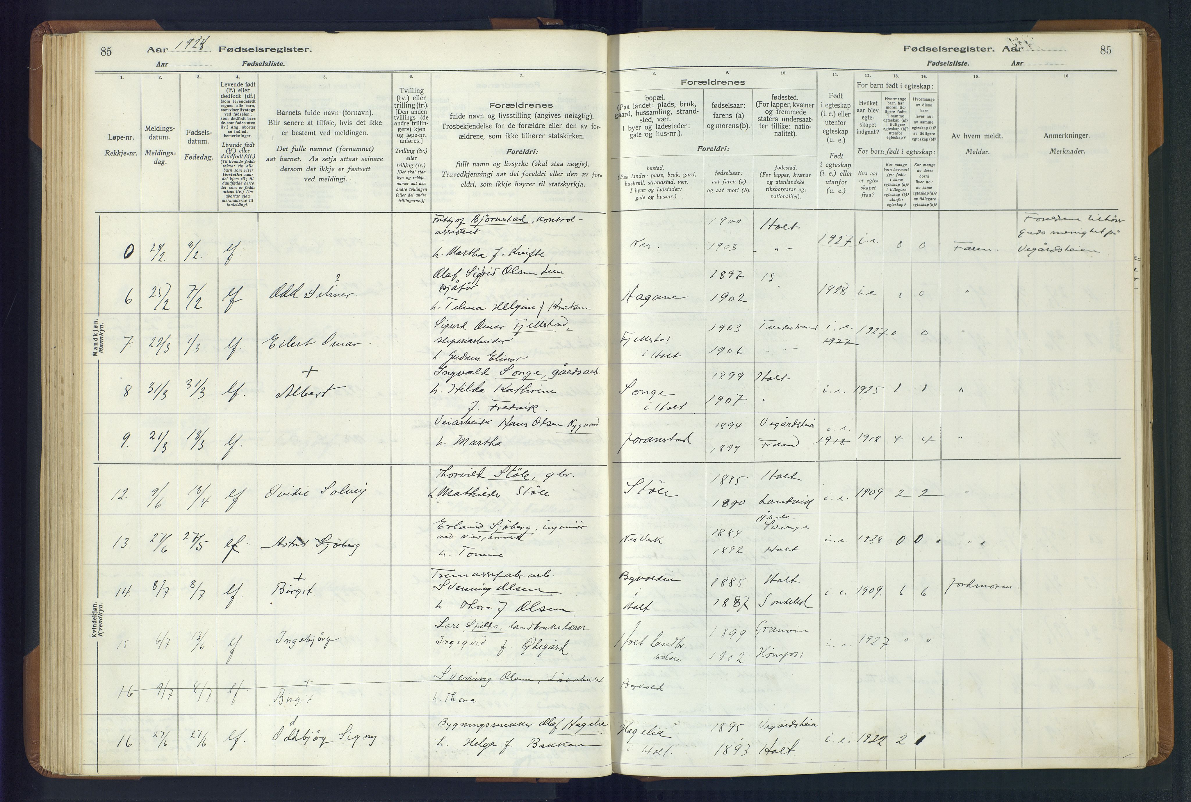 Holt sokneprestkontor, AV/SAK-1111-0021/J/Ja/L0001: Fødselsregister nr. II.4.1, 1916-1946, s. 85