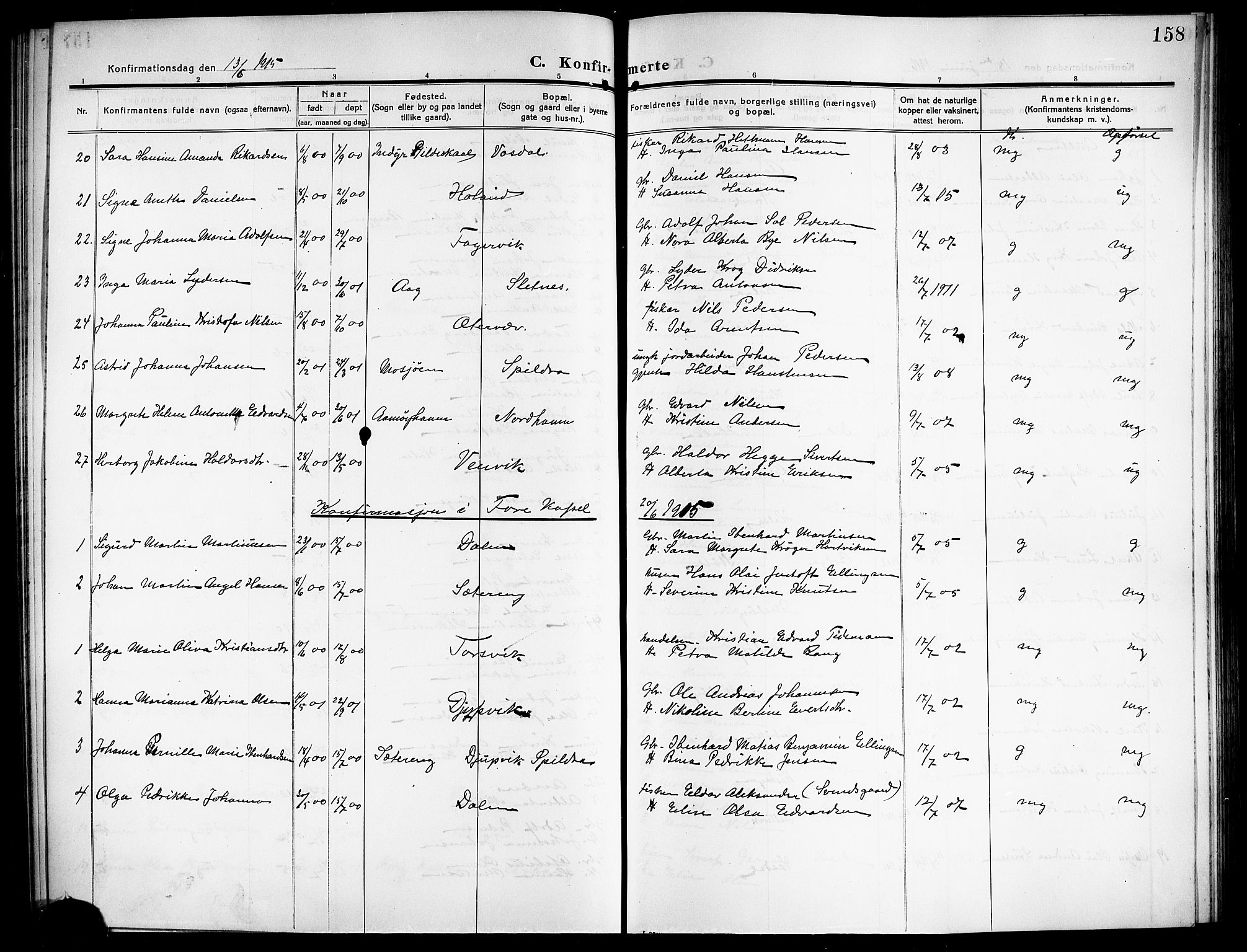 Ministerialprotokoller, klokkerbøker og fødselsregistre - Nordland, SAT/A-1459/843/L0639: Klokkerbok nr. 843C08, 1908-1924, s. 158