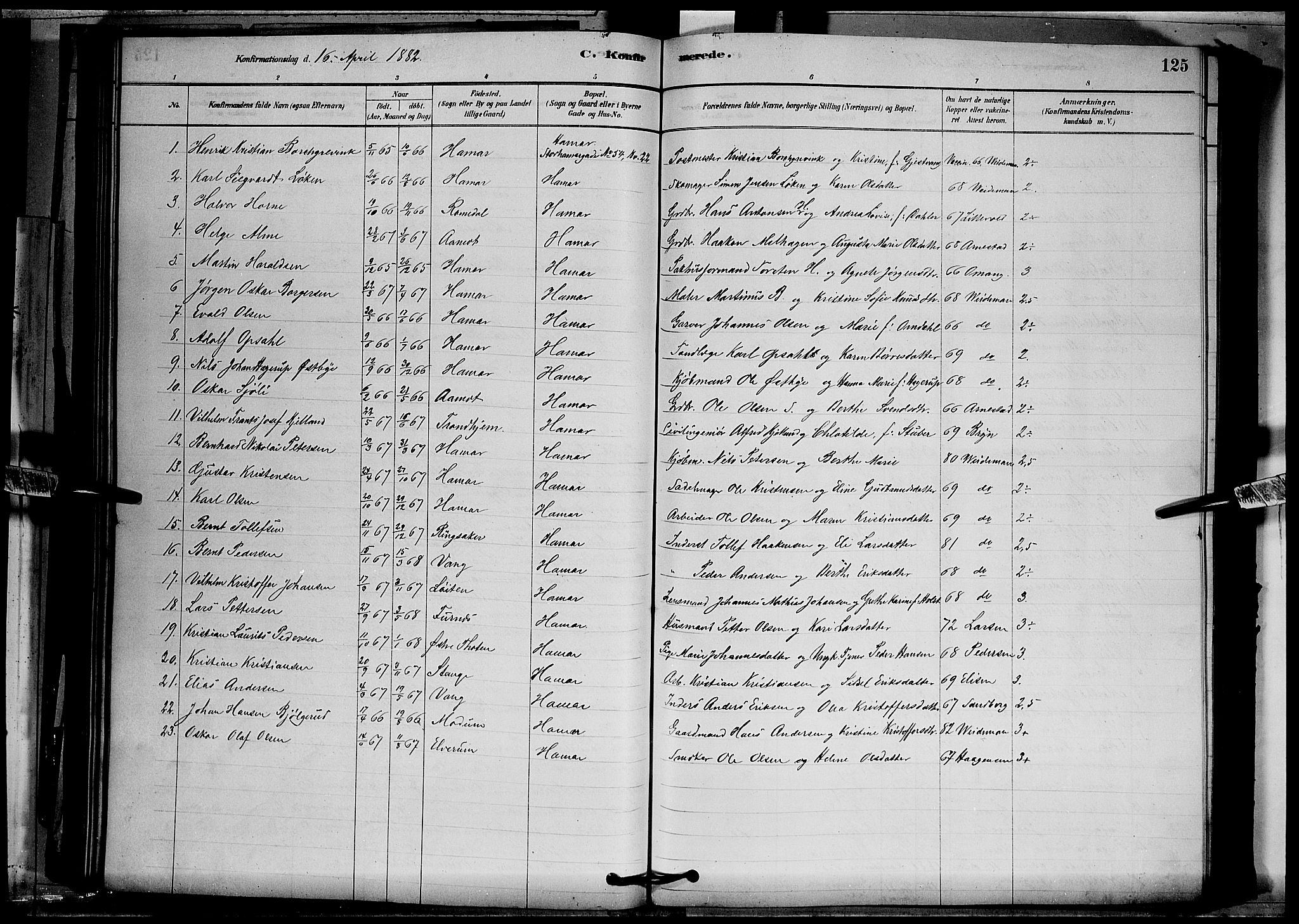 Vang prestekontor, Hedmark, SAH/PREST-008/H/Ha/Hab/L0012: Klokkerbok nr. 12, 1878-1889, s. 125