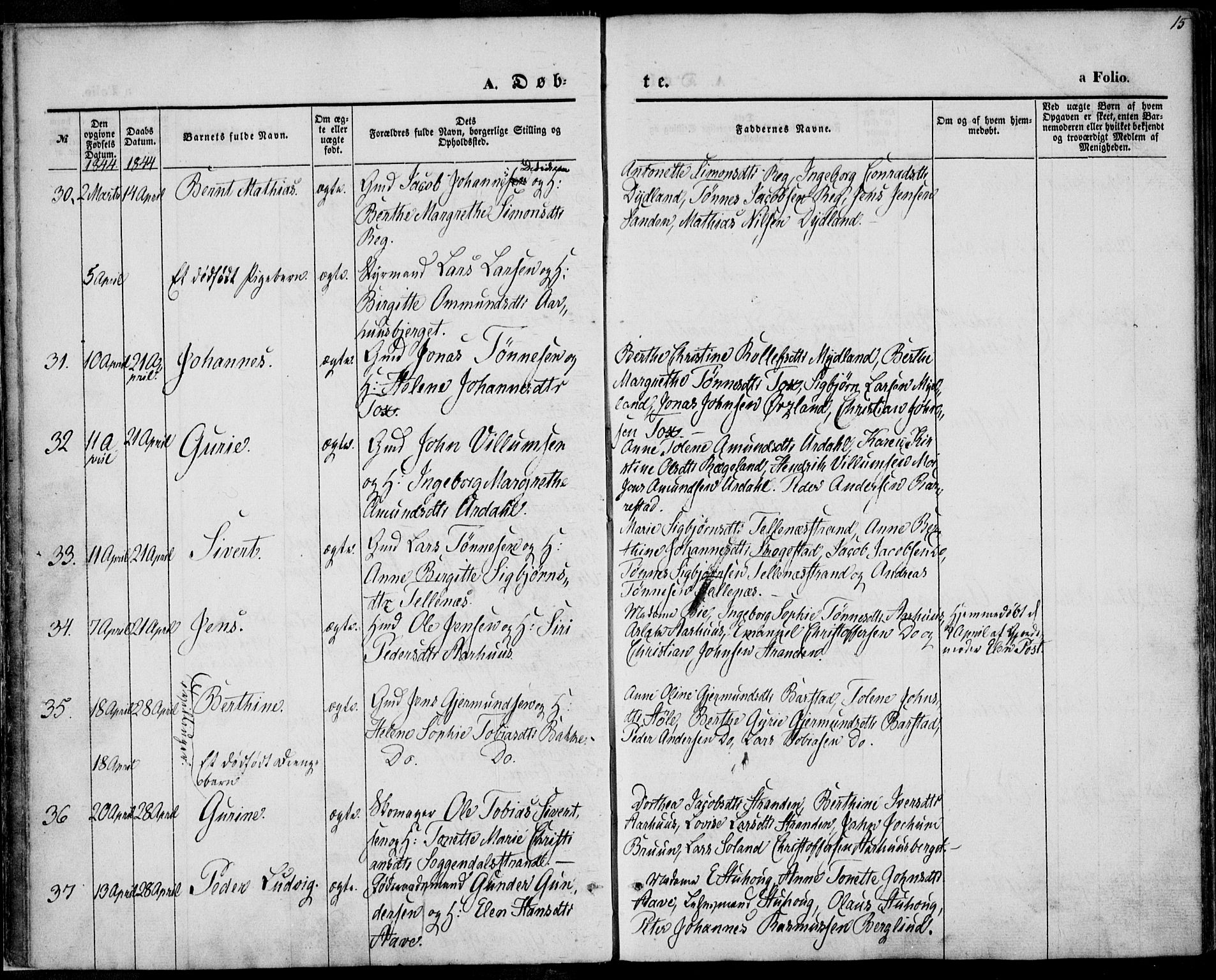 Sokndal sokneprestkontor, AV/SAST-A-101808: Ministerialbok nr. A 8.1, 1842-1857, s. 15
