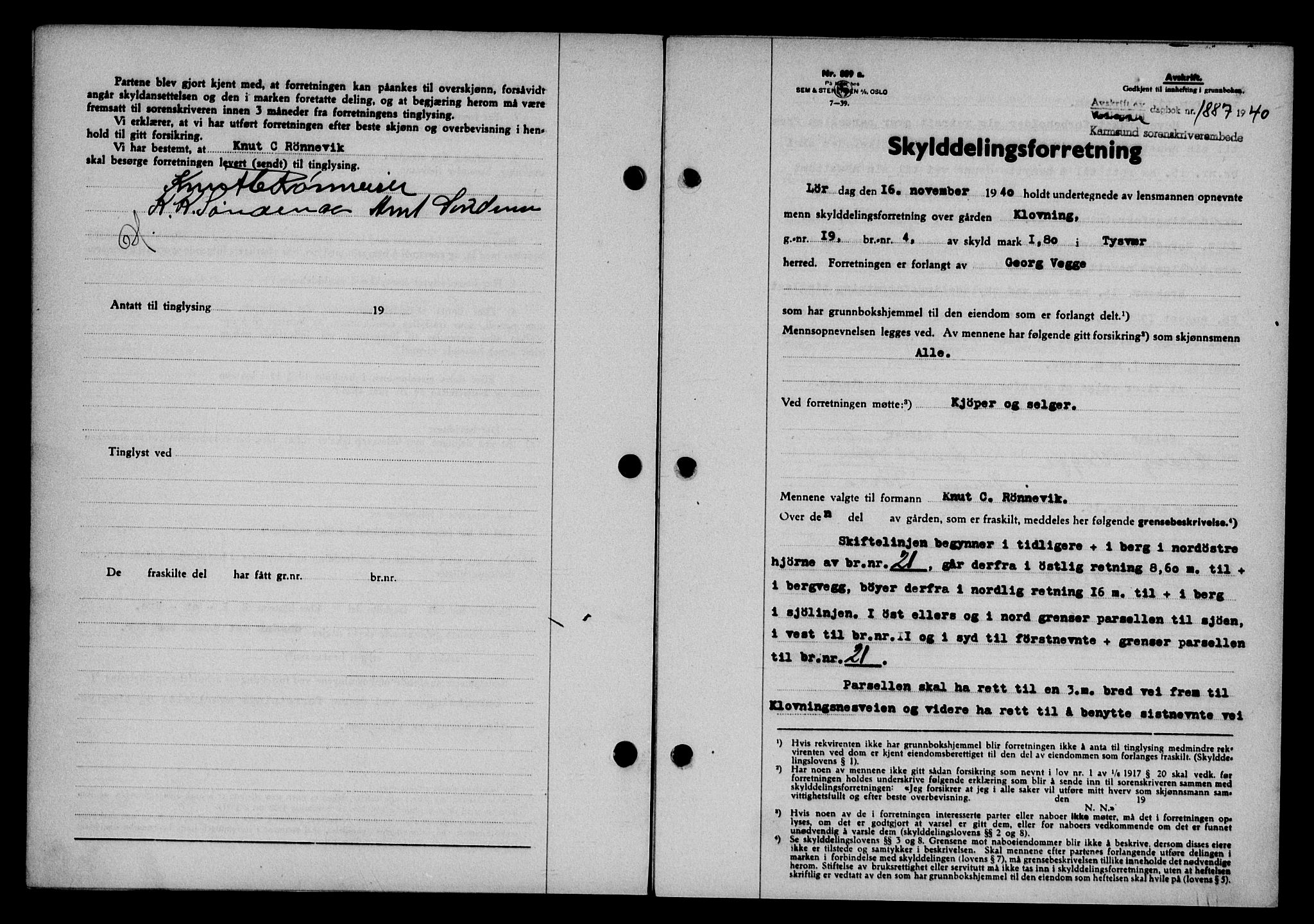 Karmsund sorenskriveri, SAST/A-100311/01/II/IIB/L0074: Pantebok nr. 55A, 1940-1941, Dagboknr: 1887/1940