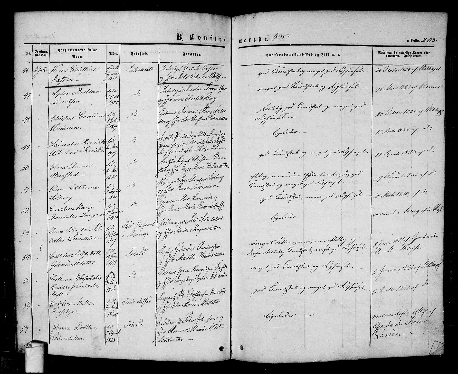 Halden prestekontor Kirkebøker, AV/SAO-A-10909/F/Fa/L0005: Ministerialbok nr. I 5, 1834-1845, s. 208