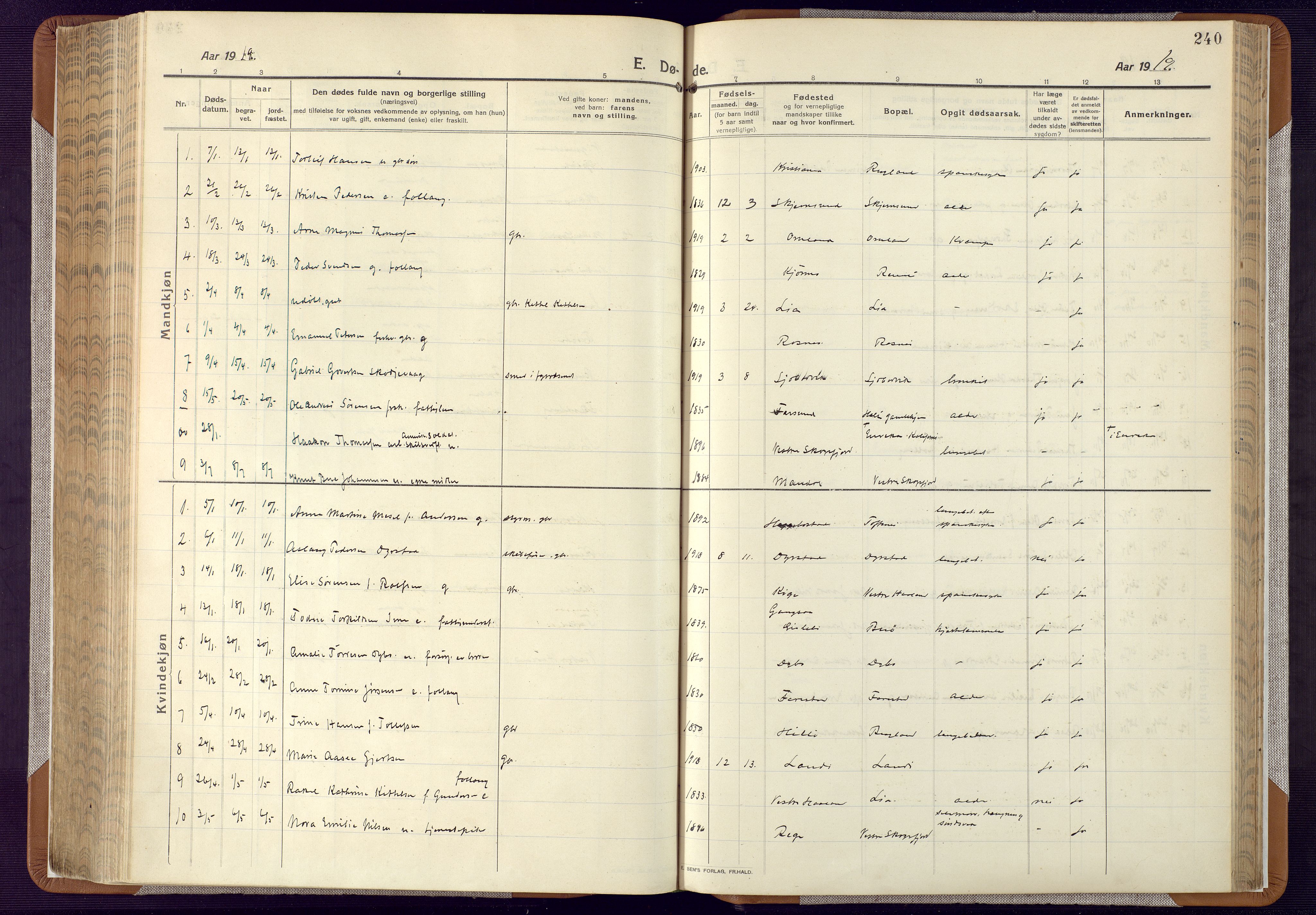 Mandal sokneprestkontor, SAK/1111-0030/F/Fa/Faa/L0022: Ministerialbok nr. A 22, 1913-1925, s. 240