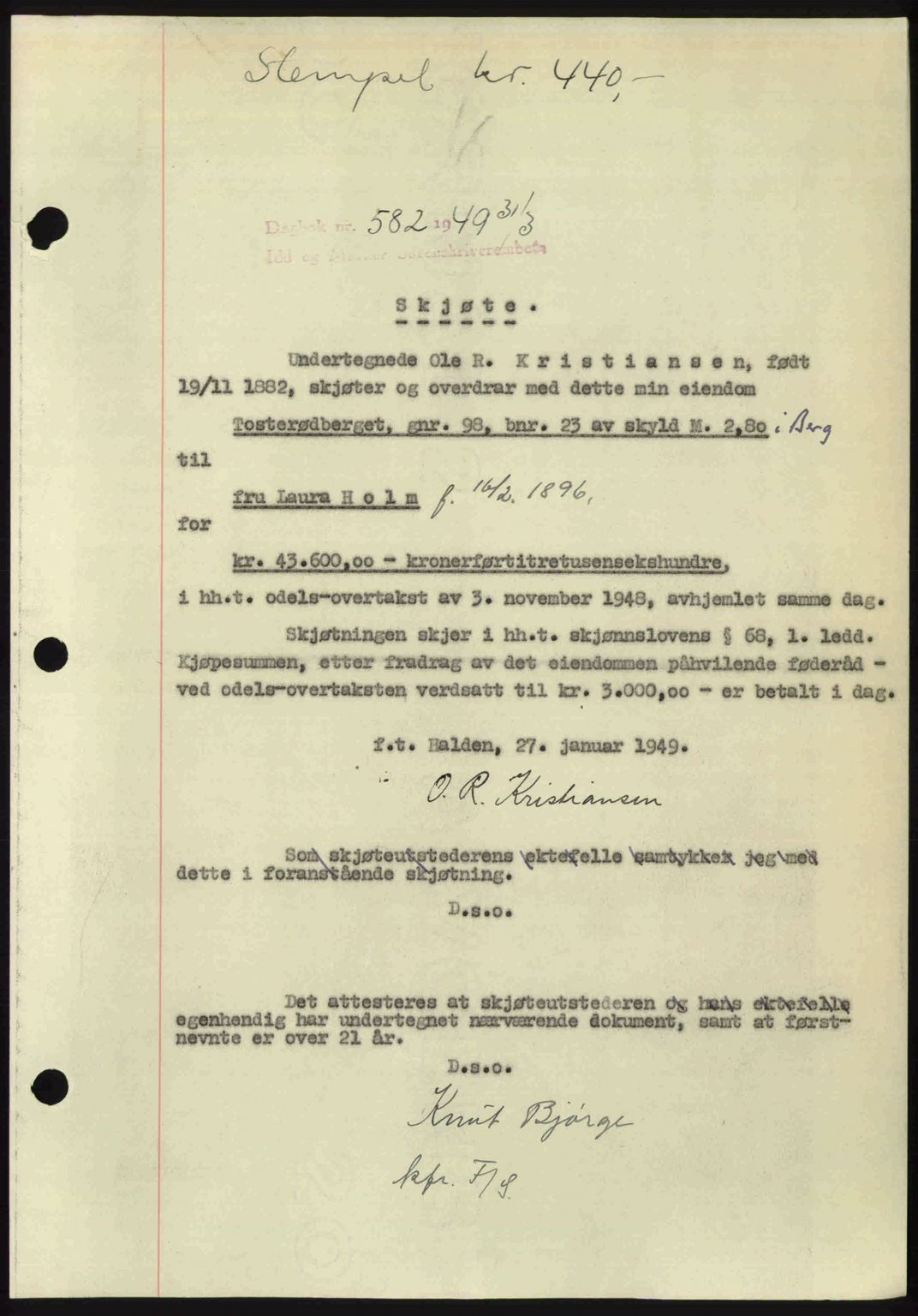 Idd og Marker sorenskriveri, SAO/A-10283/G/Gb/Gbb/L0012: Pantebok nr. A12, 1949-1949, Dagboknr: 582/1949