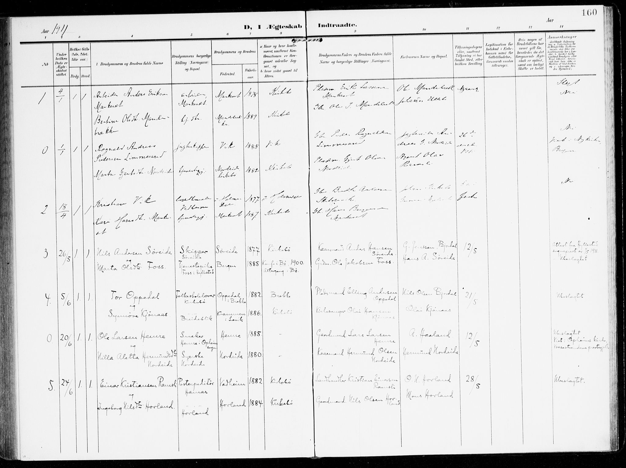 Lavik sokneprestembete, AV/SAB-A-80901: Ministerialbok nr. C 2, 1904-1921, s. 160