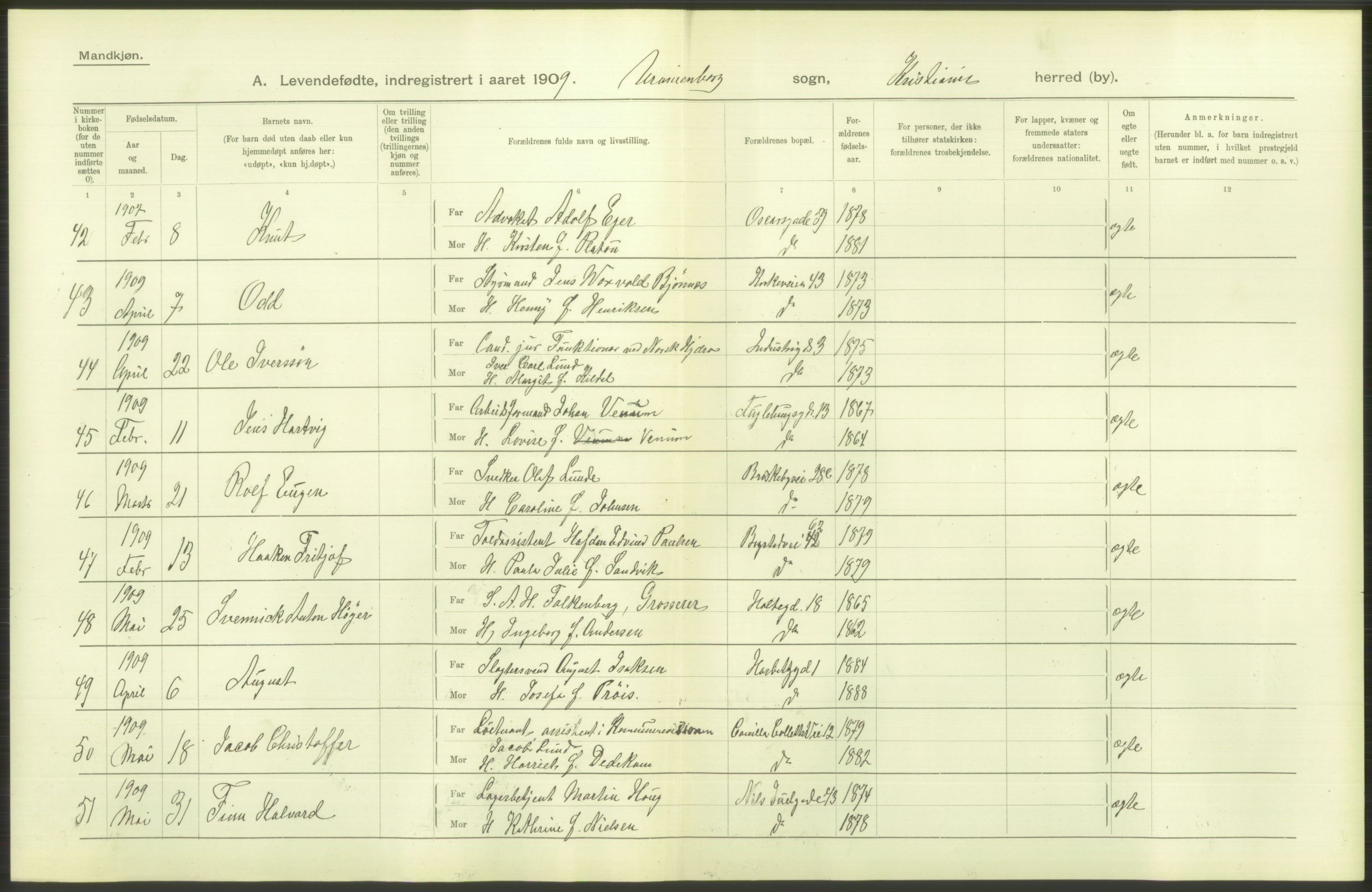 Statistisk sentralbyrå, Sosiodemografiske emner, Befolkning, AV/RA-S-2228/D/Df/Dfa/Dfag/L0007: Kristiania: Levendefødte menn og kvinner., 1909, s. 44