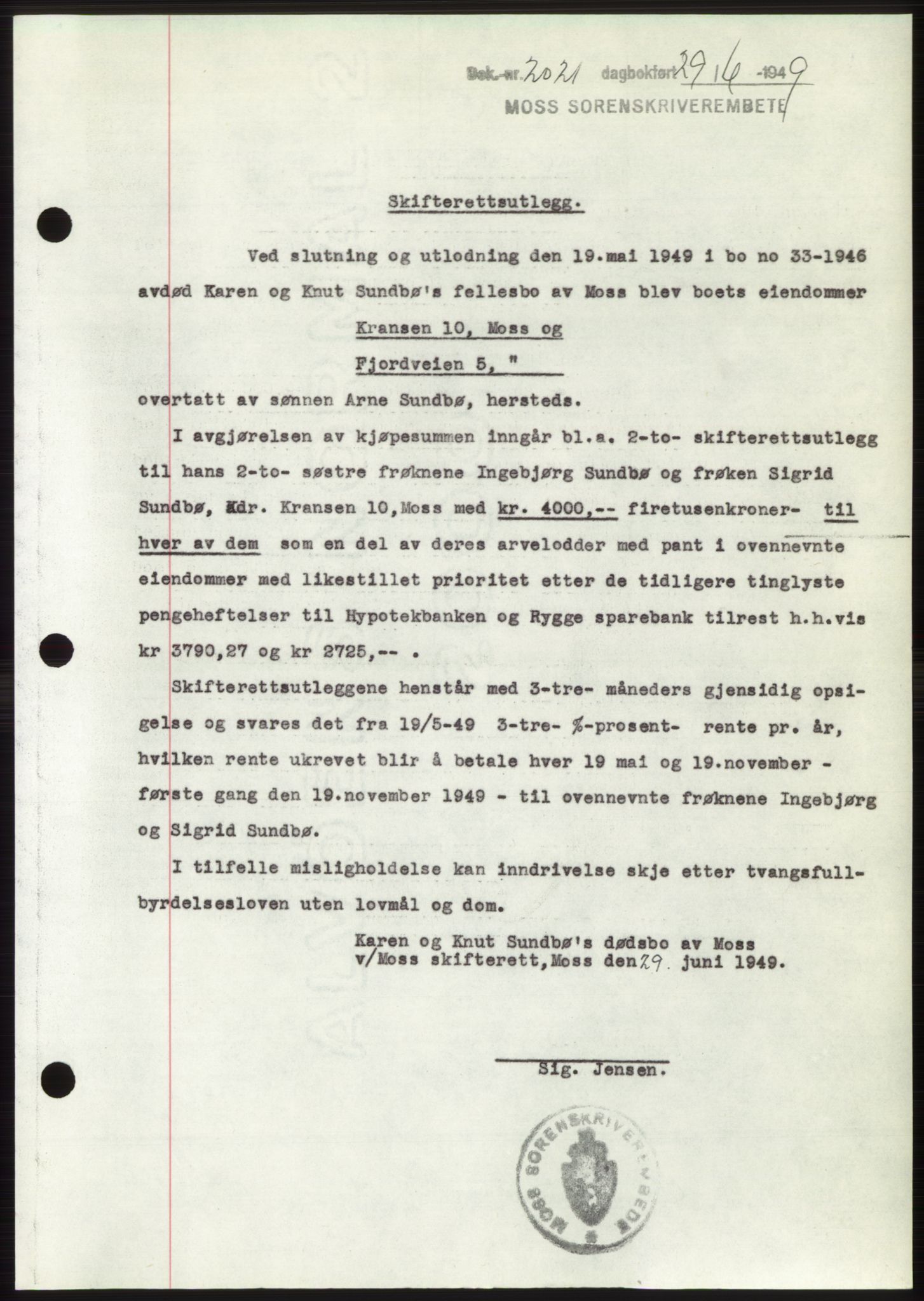 Moss sorenskriveri, SAO/A-10168: Pantebok nr. B22, 1949-1949, Dagboknr: 2021/1949