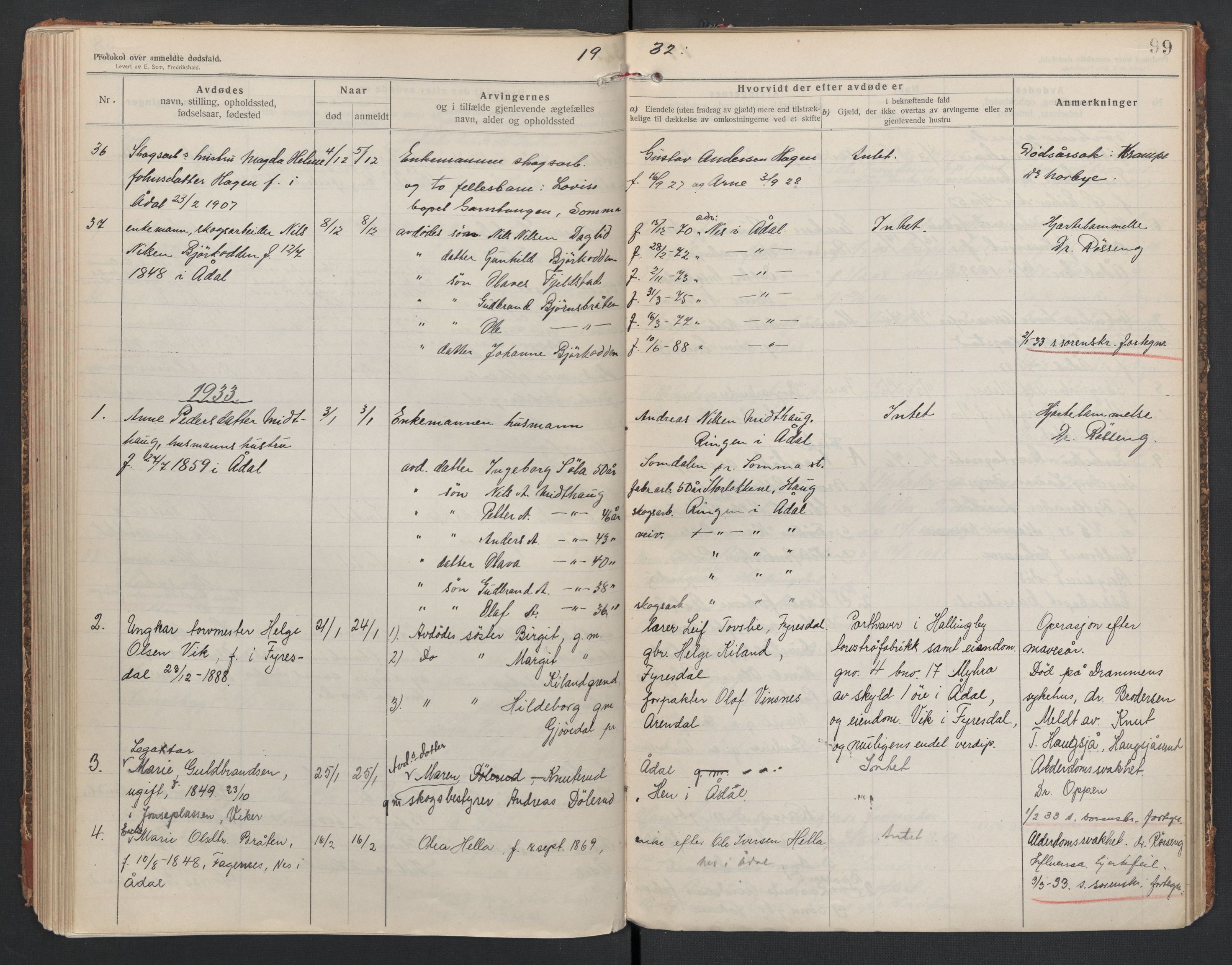 Ådal lensmannskontor, SAKO/A-518/H/Ha/L0001/0002: Dødsfallsprotokoll  / Dødsfallsprotokoll 2, 1919-1942, s. 99