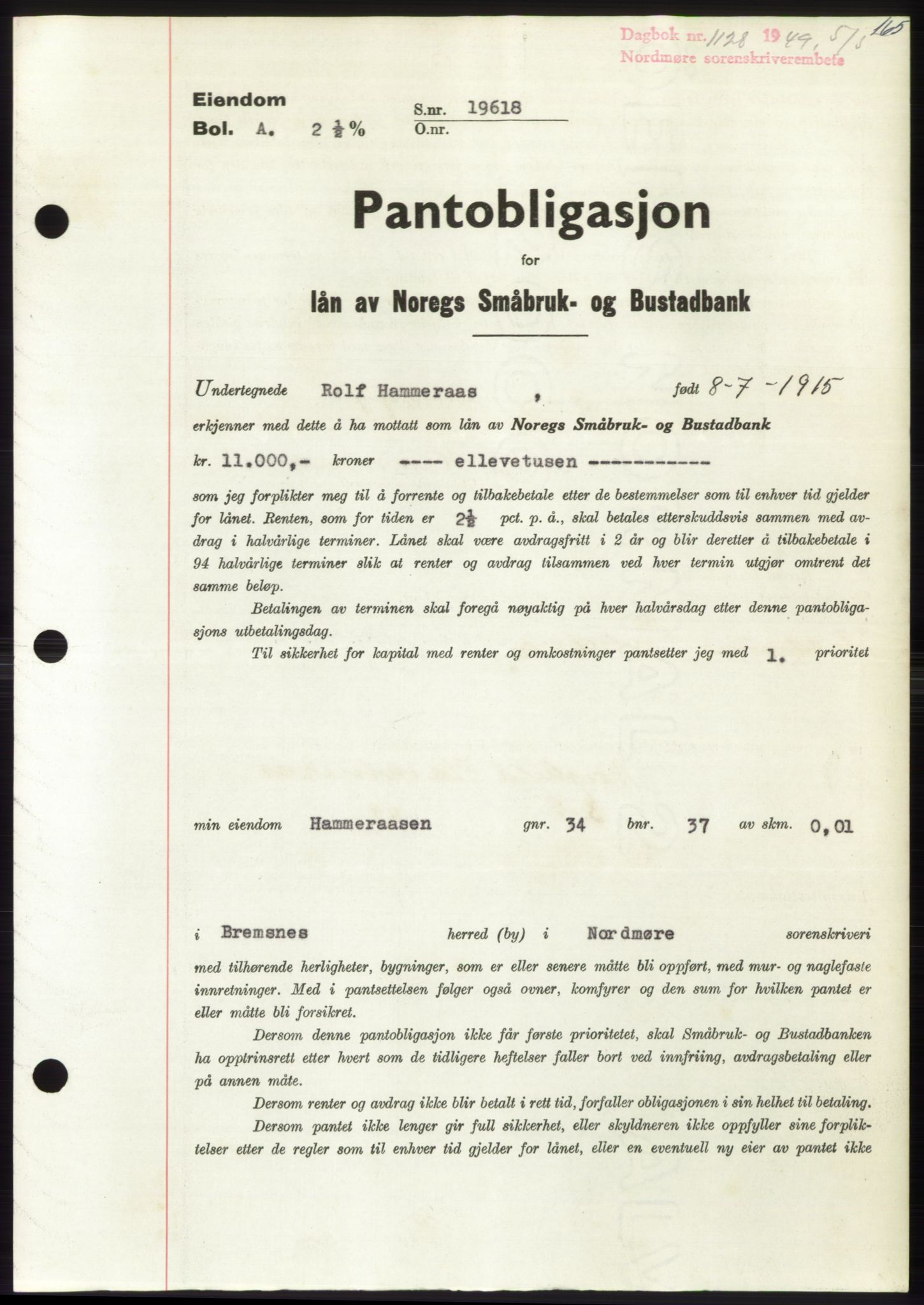 Nordmøre sorenskriveri, SAT/A-4132/1/2/2Ca: Pantebok nr. B101, 1949-1949, Dagboknr: 1128/1949