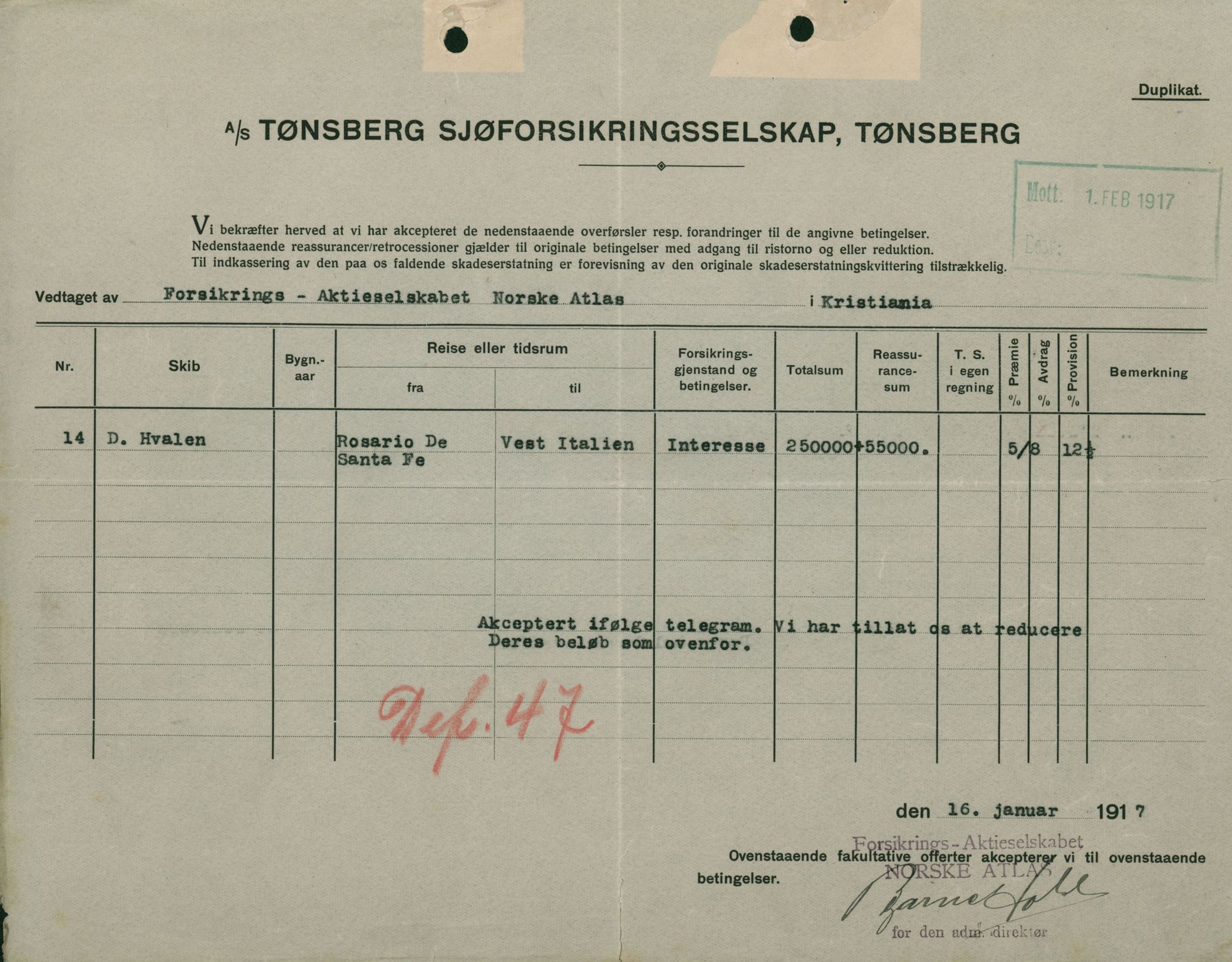 Pa 664 - Tønsberg Sjøforsikringsselskap, VEMU/A-1773/F/L0001: Forsikringspoliser, 1915-1918