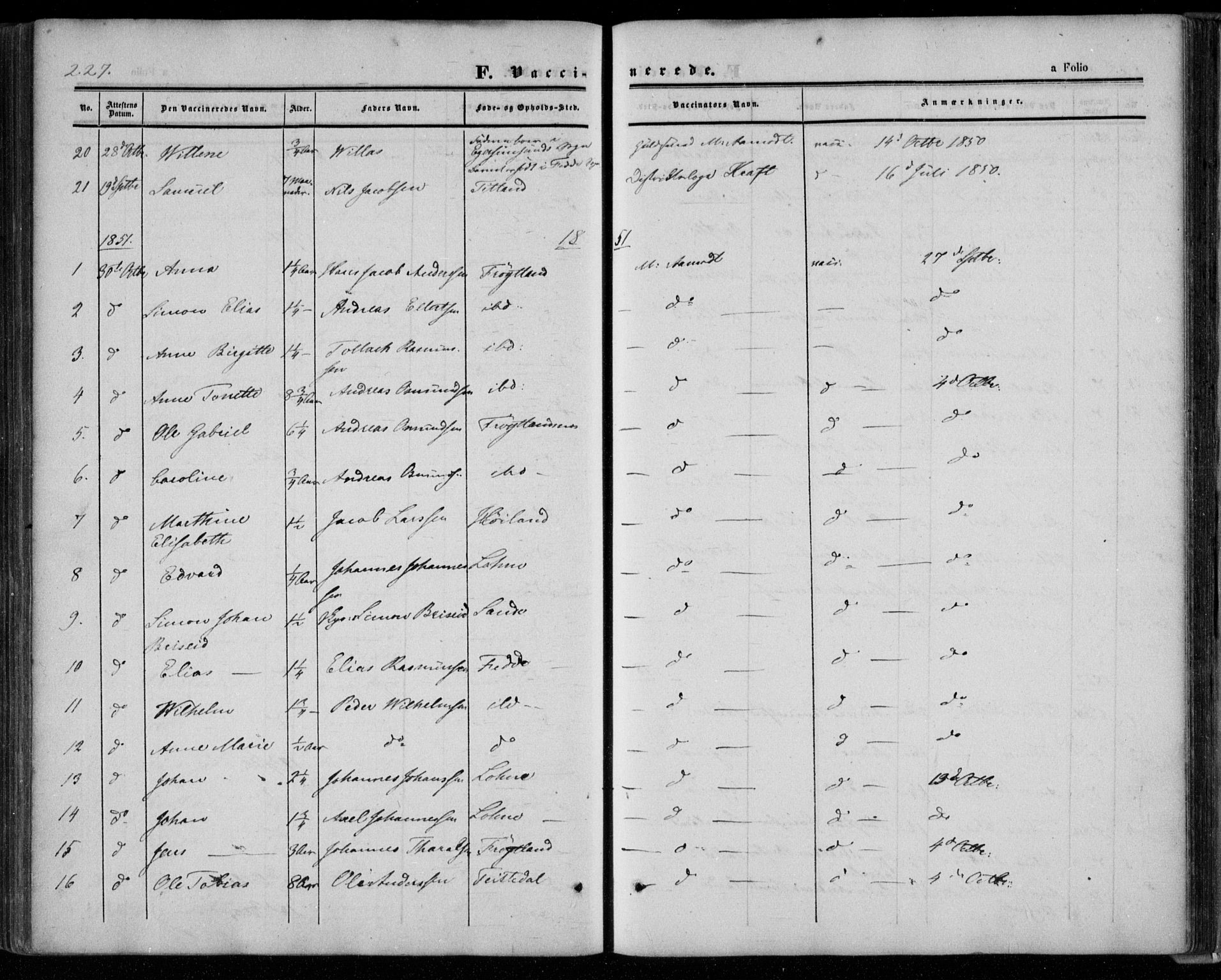 Kvinesdal sokneprestkontor, SAK/1111-0026/F/Fa/Faa/L0002: Ministerialbok nr. A 2, 1850-1876, s. 227