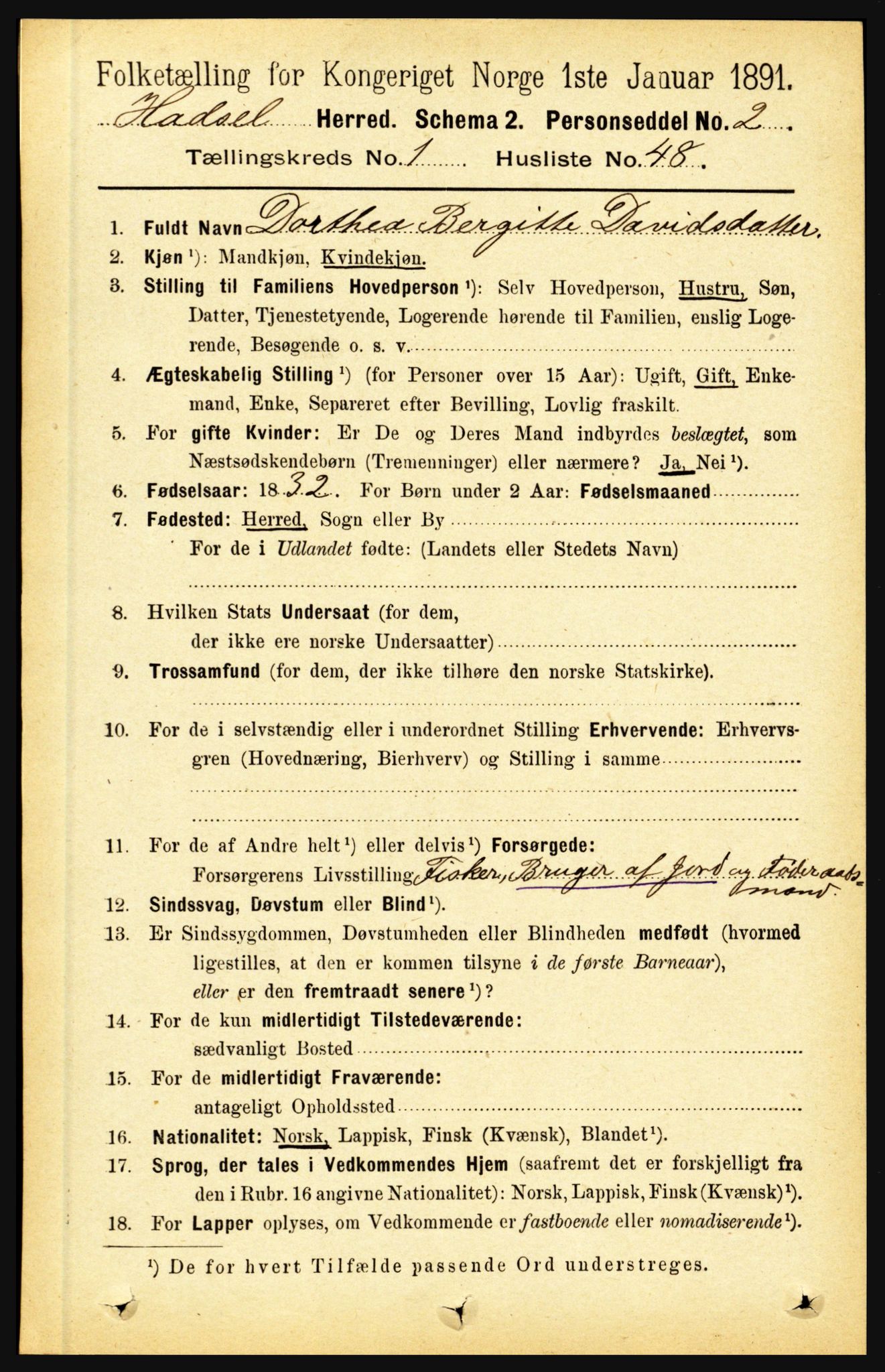 RA, Folketelling 1891 for 1866 Hadsel herred, 1891, s. 448