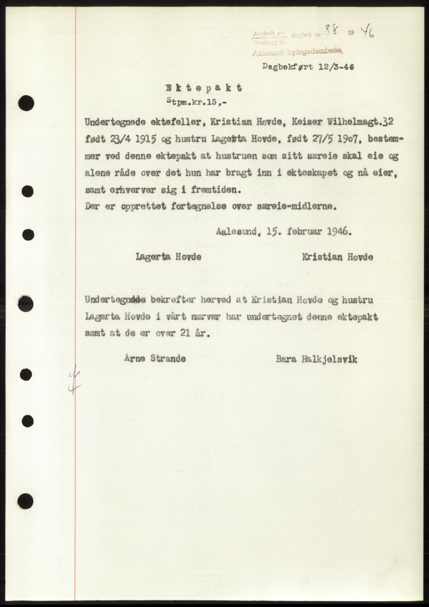 Ålesund byfogd, SAT/A-4384: Pantebok nr. B34-35 b, 1946-1947, Dagboknr: 88/1946