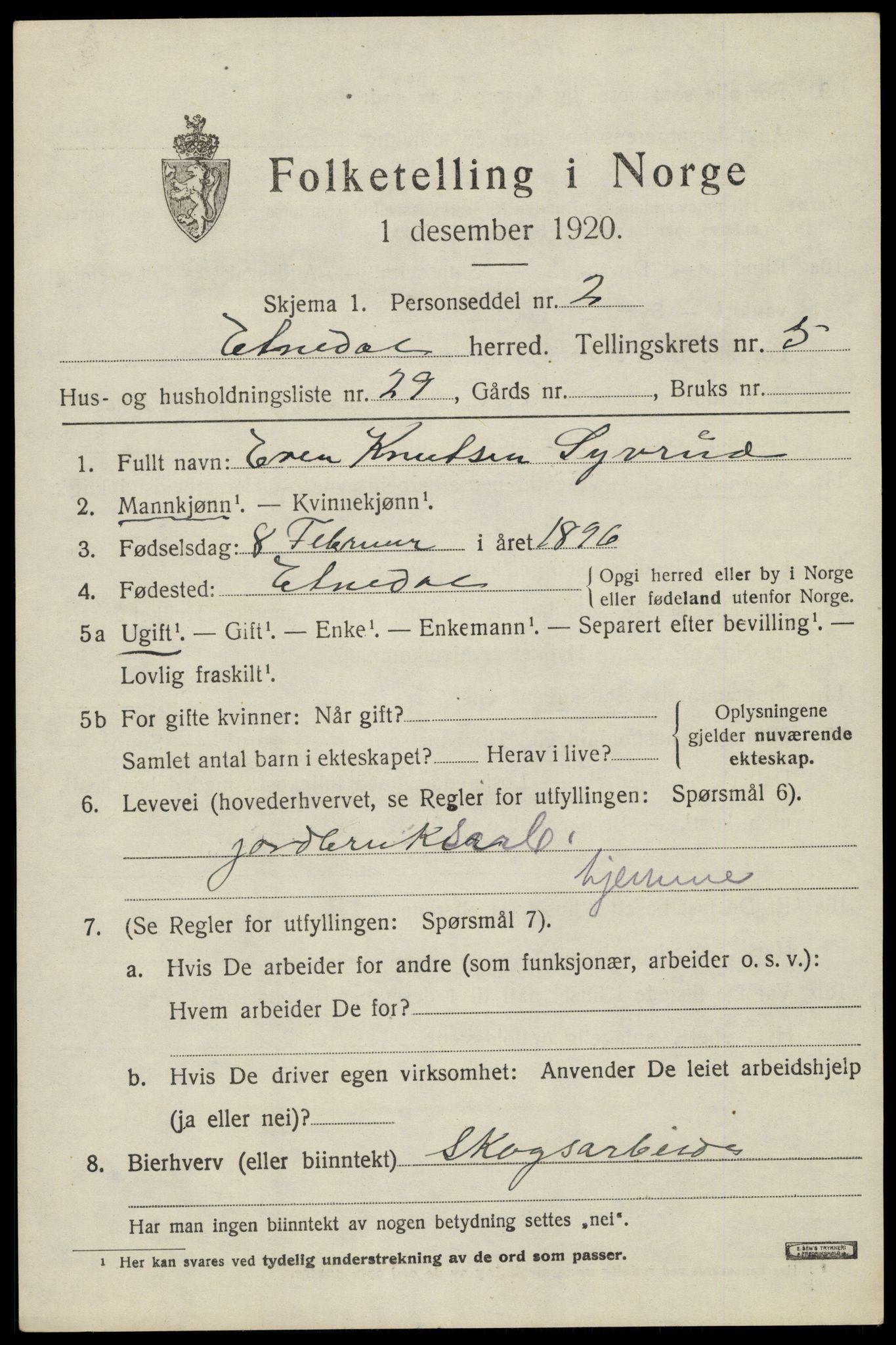 SAH, Folketelling 1920 for 0541 Etnedal herred, 1920, s. 2230