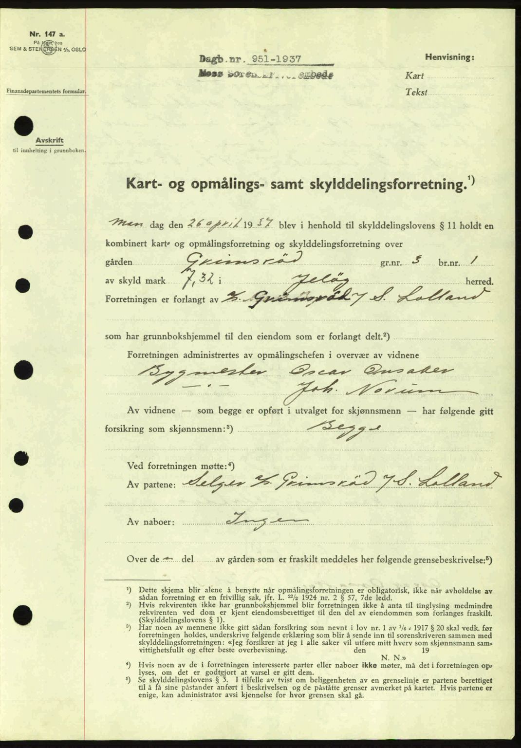 Moss sorenskriveri, SAO/A-10168: Pantebok nr. A3, 1937-1938, Dagboknr: 951/1937