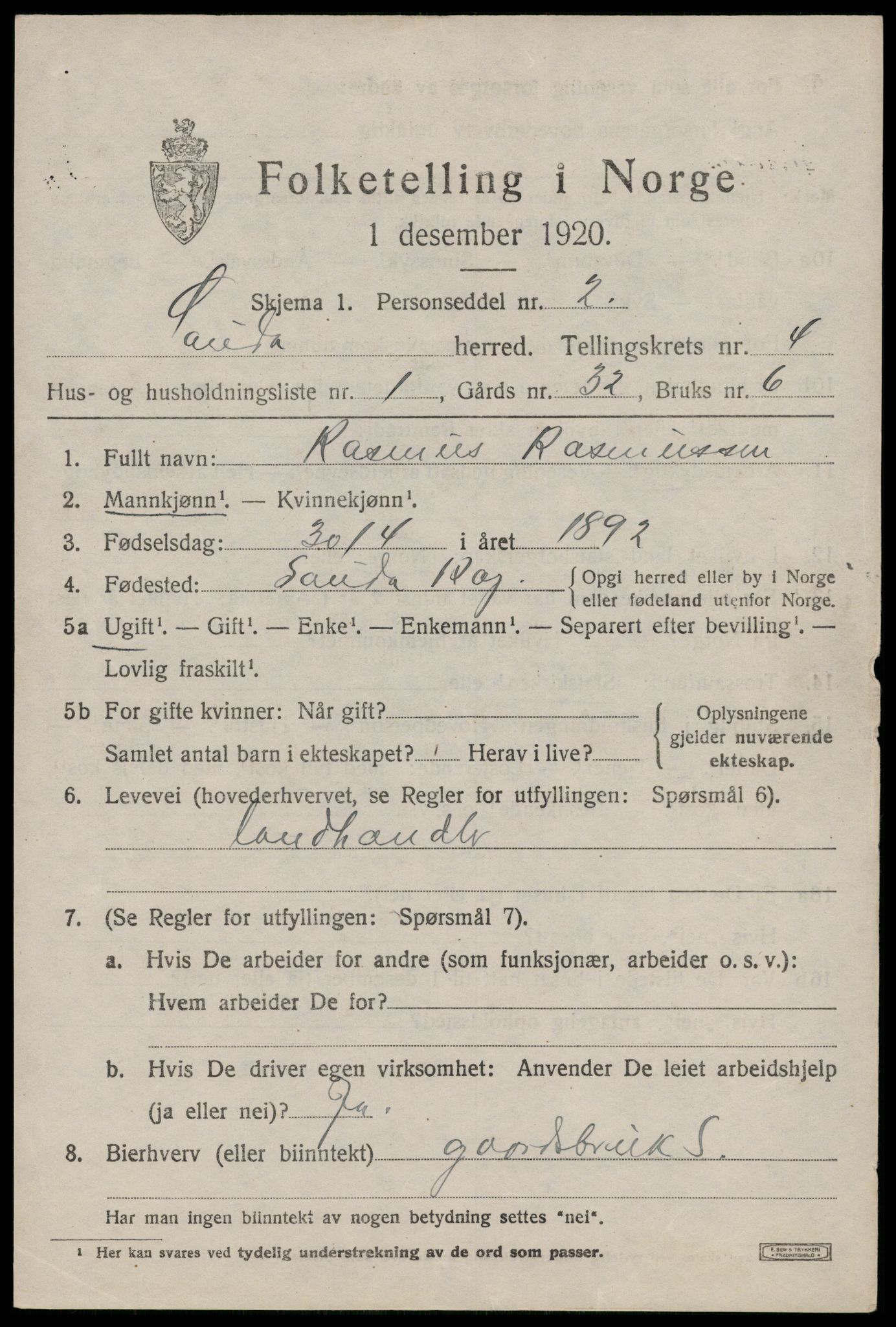 SAST, Folketelling 1920 for 1135 Sauda herred, 1920, s. 1730