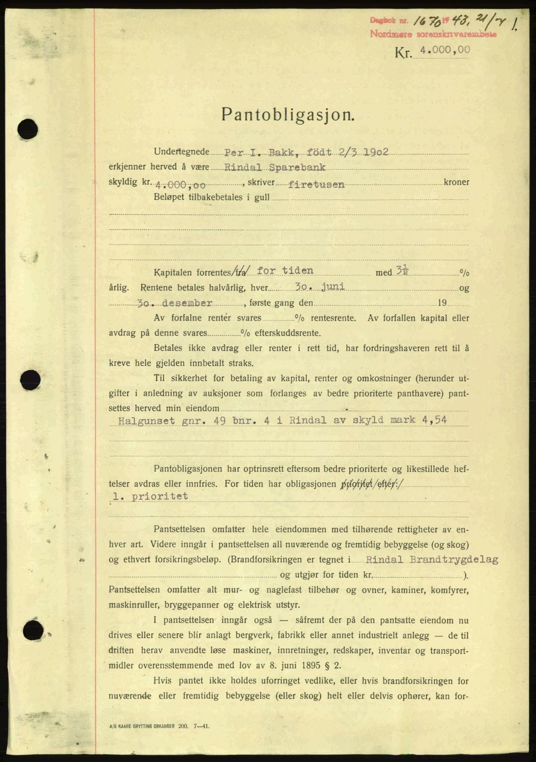 Nordmøre sorenskriveri, AV/SAT-A-4132/1/2/2Ca: Pantebok nr. B91, 1943-1944, Dagboknr: 1670/1943