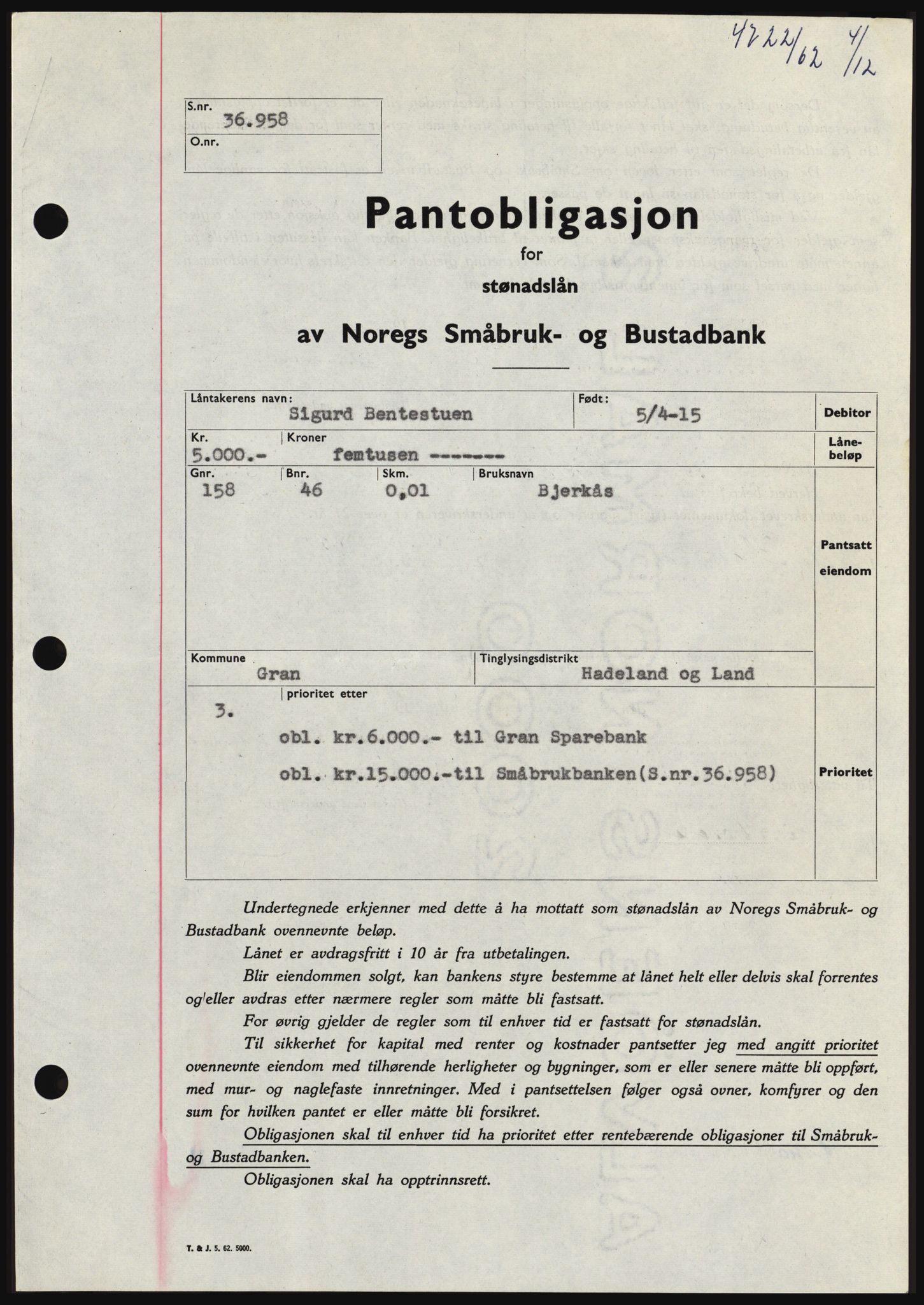 Hadeland og Land tingrett, SAH/TING-010/H/Hb/Hbc/L0050: Pantebok nr. B50, 1962-1963, Dagboknr: 4722/1962