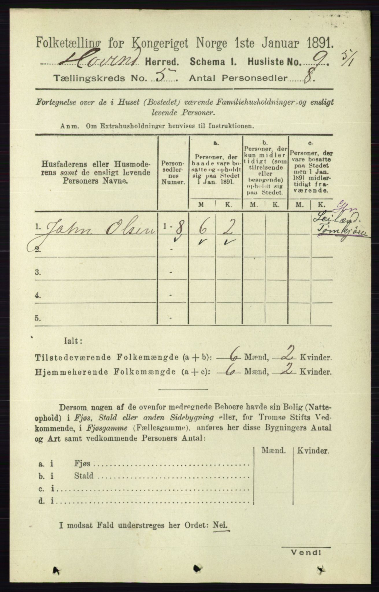 RA, Folketelling 1891 for 0825 Hovin herred, 1891, s. 968