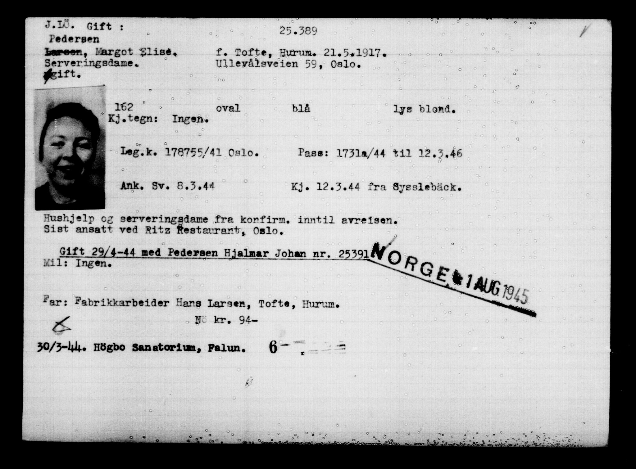 Den Kgl. Norske Legasjons Flyktningskontor, RA/S-6753/V/Va/L0011: Kjesäterkartoteket.  Flyktningenr. 25300-28349, 1940-1945, s. 93