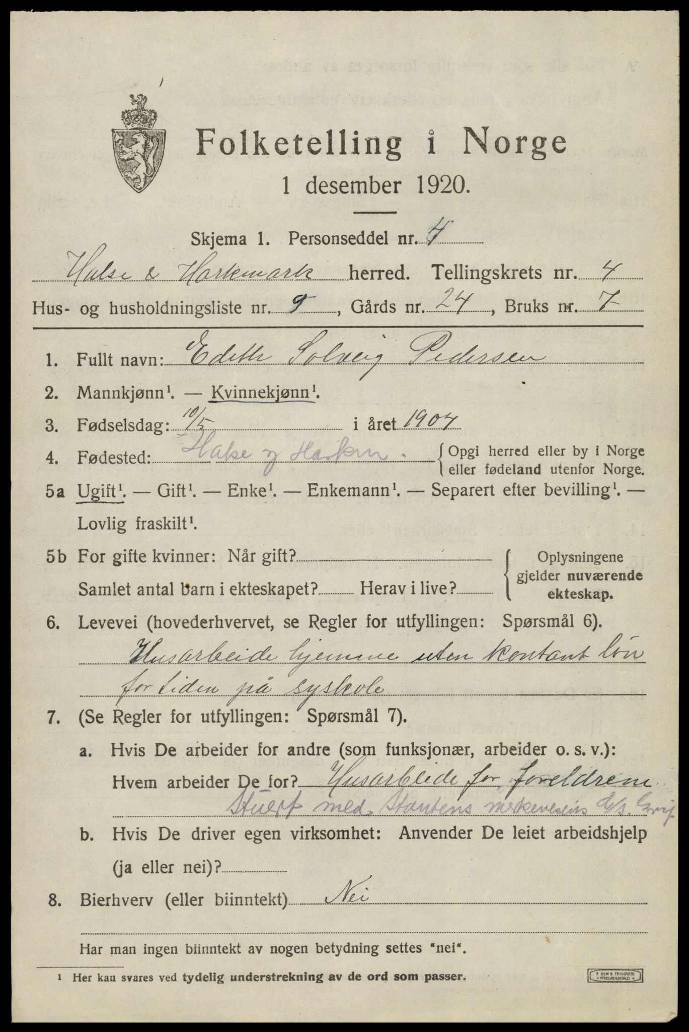 SAK, Folketelling 1920 for 1019 Halse og Harkmark herred, 1920, s. 2930