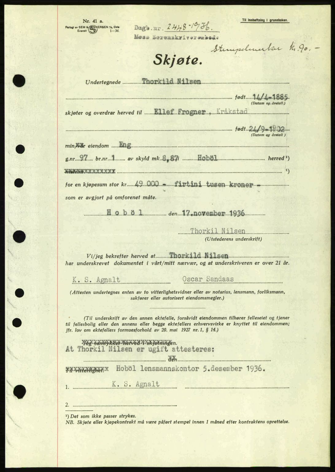 Moss sorenskriveri, SAO/A-10168: Pantebok nr. A2, 1936-1937, Dagboknr: 2448/1936