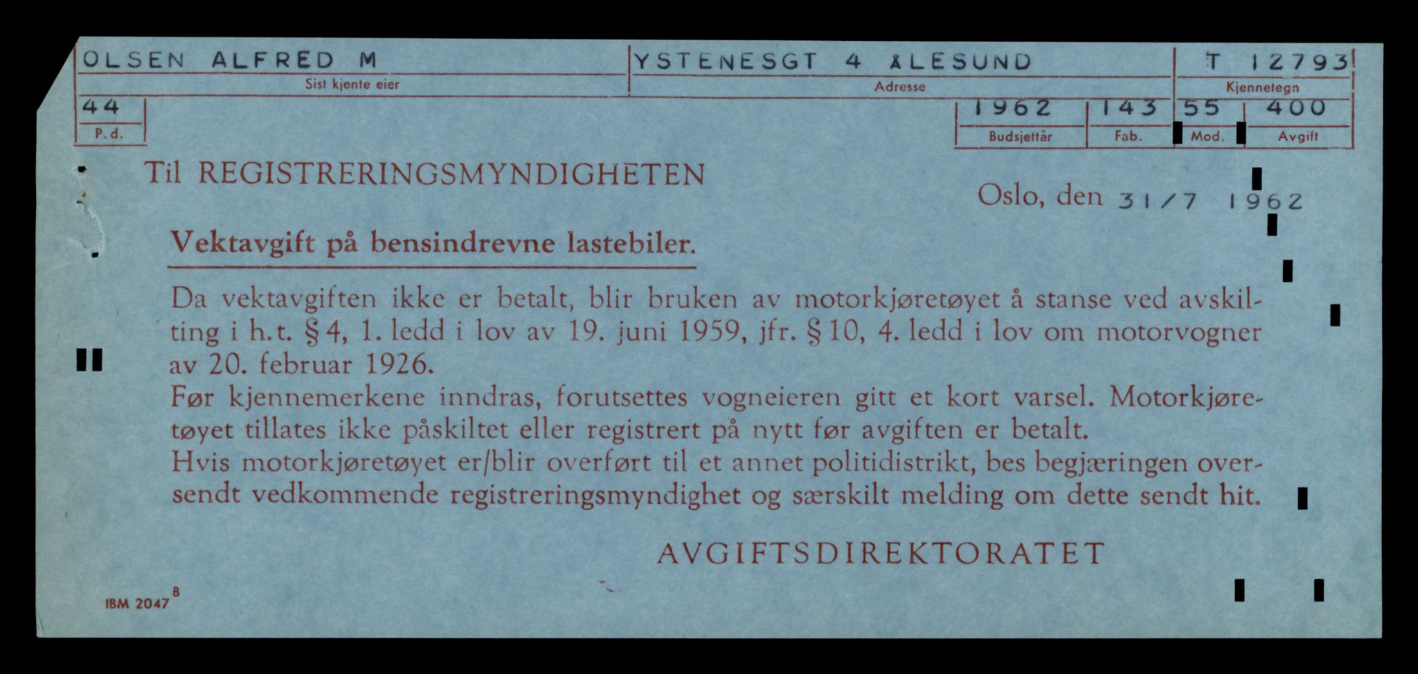 Møre og Romsdal vegkontor - Ålesund trafikkstasjon, SAT/A-4099/F/Fe/L0035: Registreringskort for kjøretøy T 12653 - T 12829, 1927-1998, s. 2338