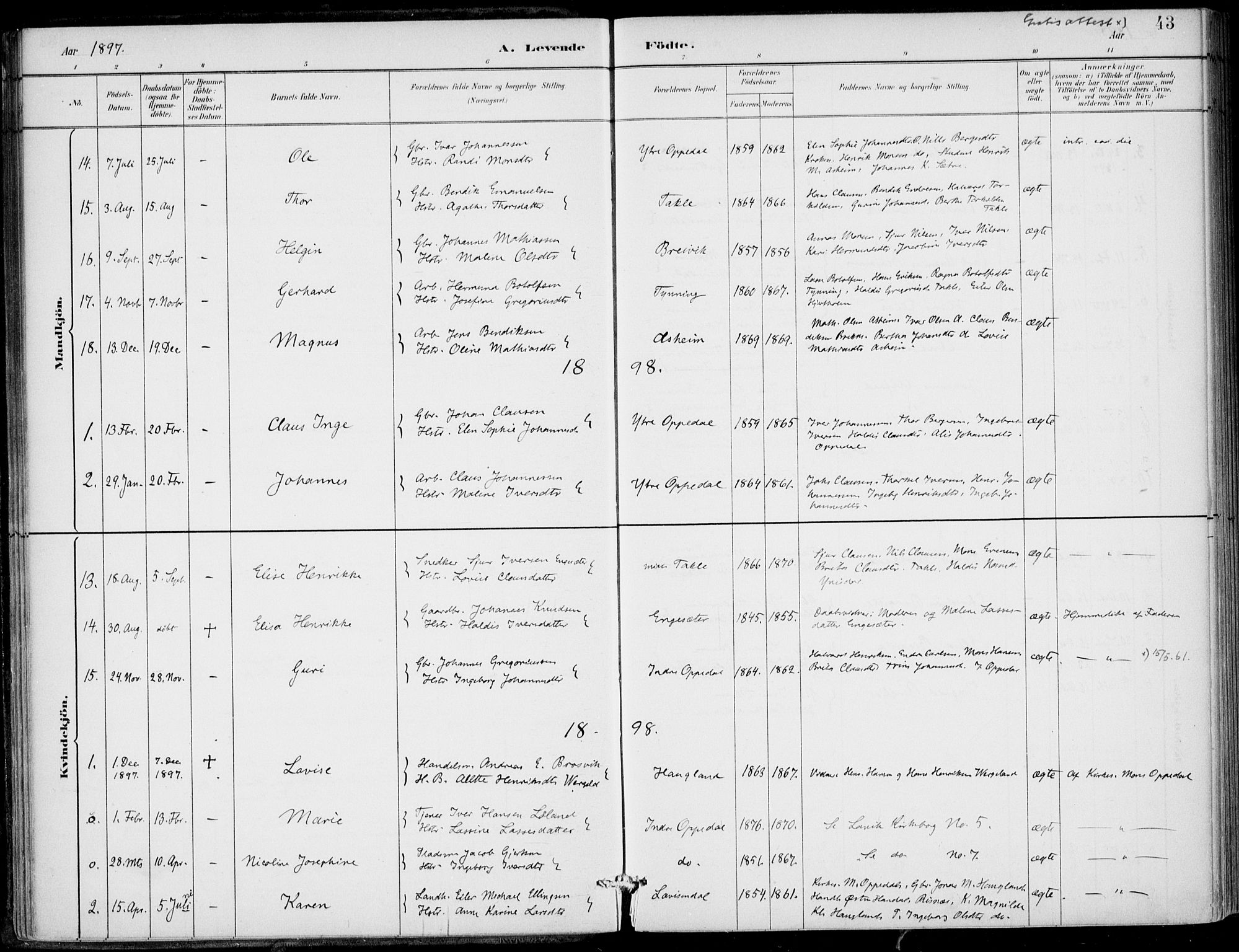 Gulen sokneprestembete, AV/SAB-A-80201/H/Haa/Haac/L0002: Ministerialbok nr. C  2, 1882-1914, s. 43