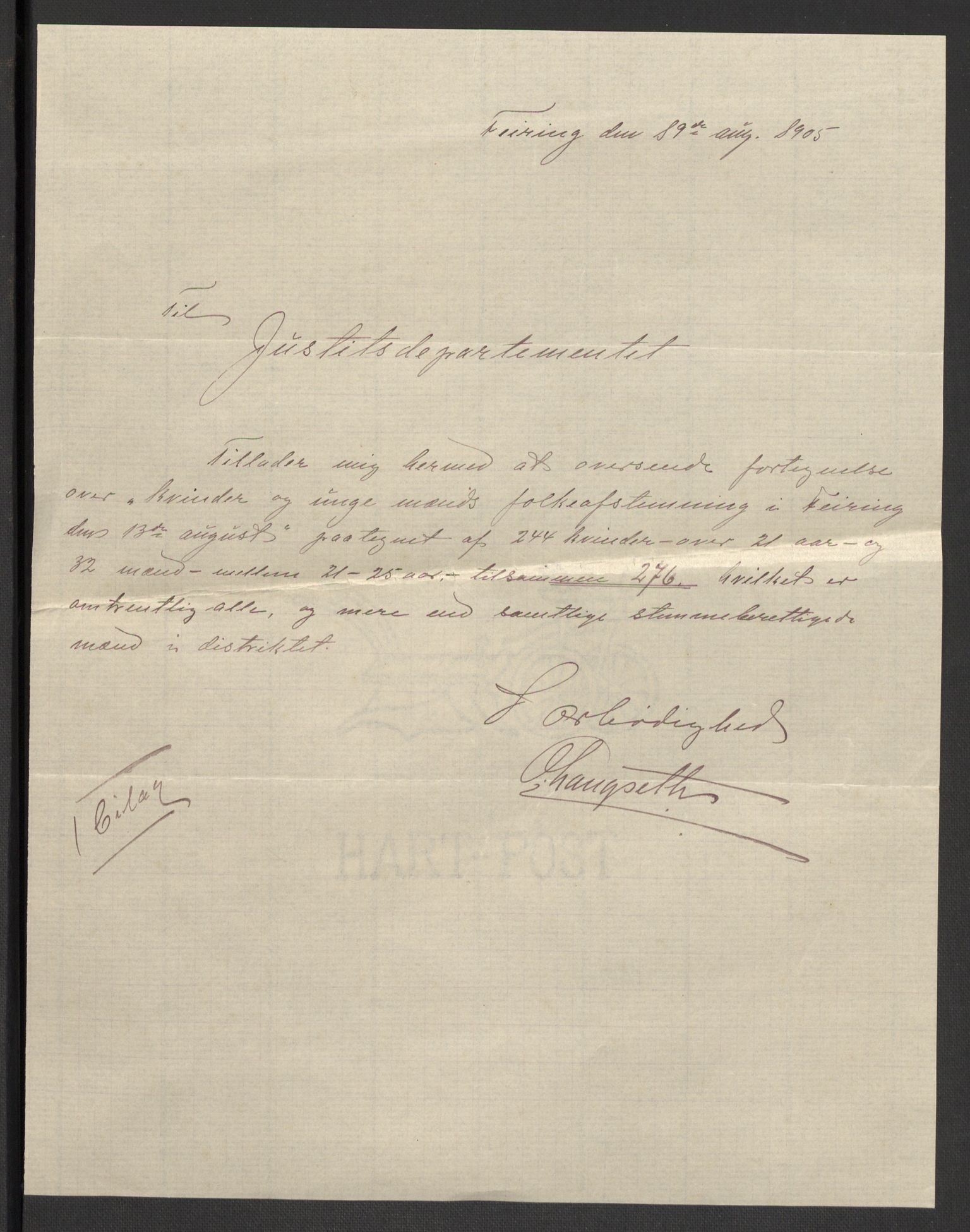 Justisdepartementet, 2. sivilkontor C, RA/S-1040/F/L0125B/0002: Folkeavstemmingen august 1905 / Kvinnenes stemmelister, 1905, s. 276