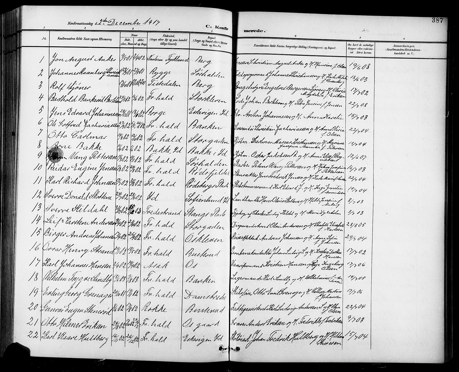 Halden prestekontor Kirkebøker, AV/SAO-A-10909/G/Ga/L0010: Klokkerbok nr. 10, 1900-1923, s. 387