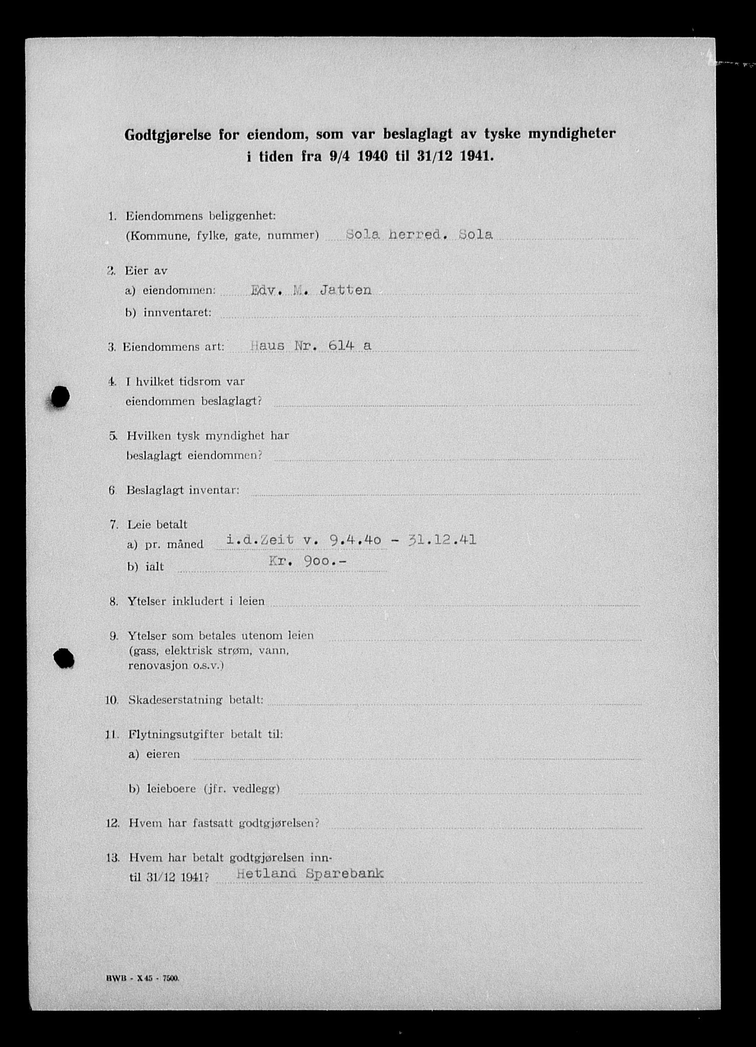 Justisdepartementet, Tilbakeføringskontoret for inndratte formuer, AV/RA-S-1564/I/L1014: Godtgjørelse for beslaglagt eiendom, 1940-1941, s. 372