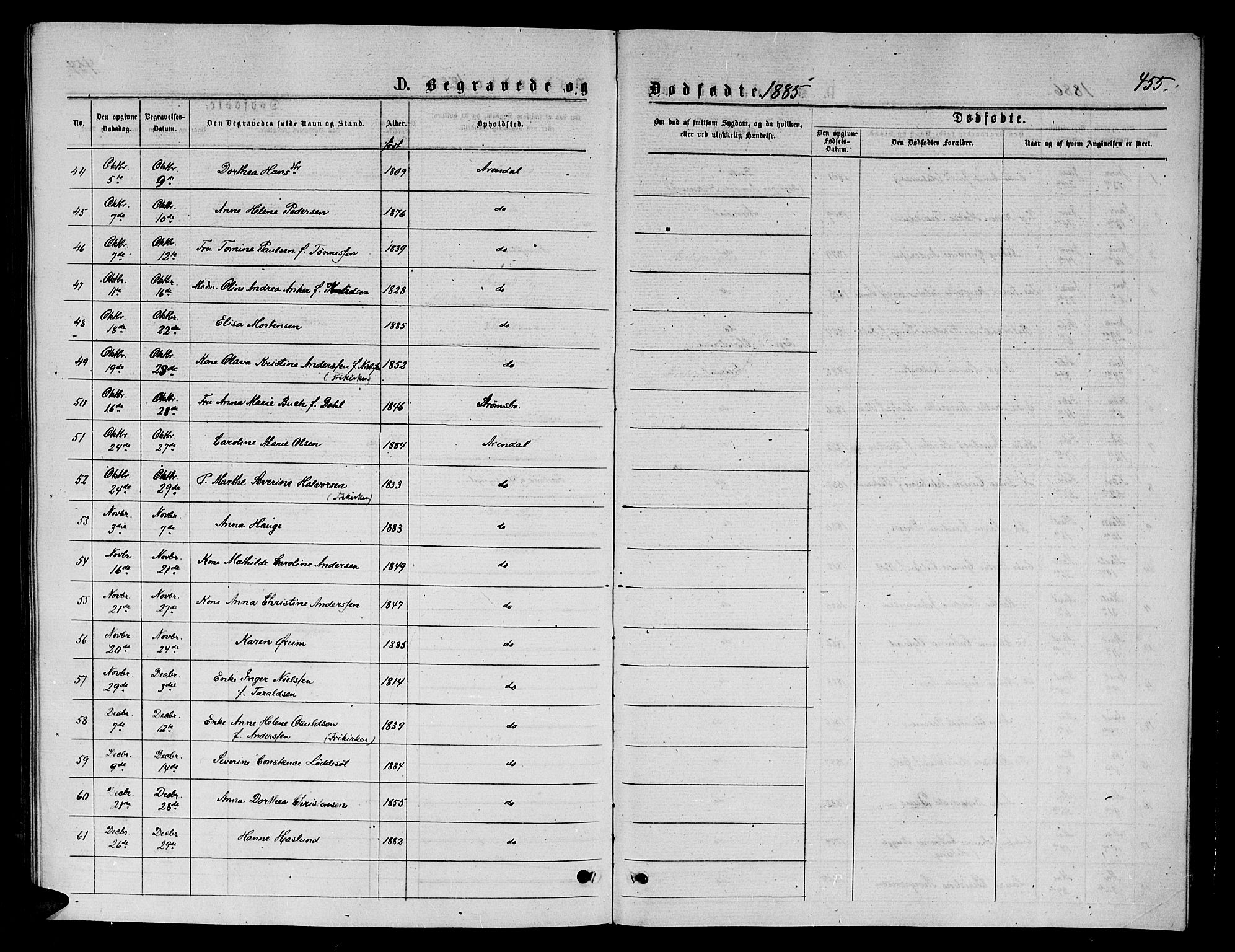 Arendal sokneprestkontor, Trefoldighet, AV/SAK-1111-0040/F/Fb/L0005: Klokkerbok nr. B 5, 1874-1888, s. 455