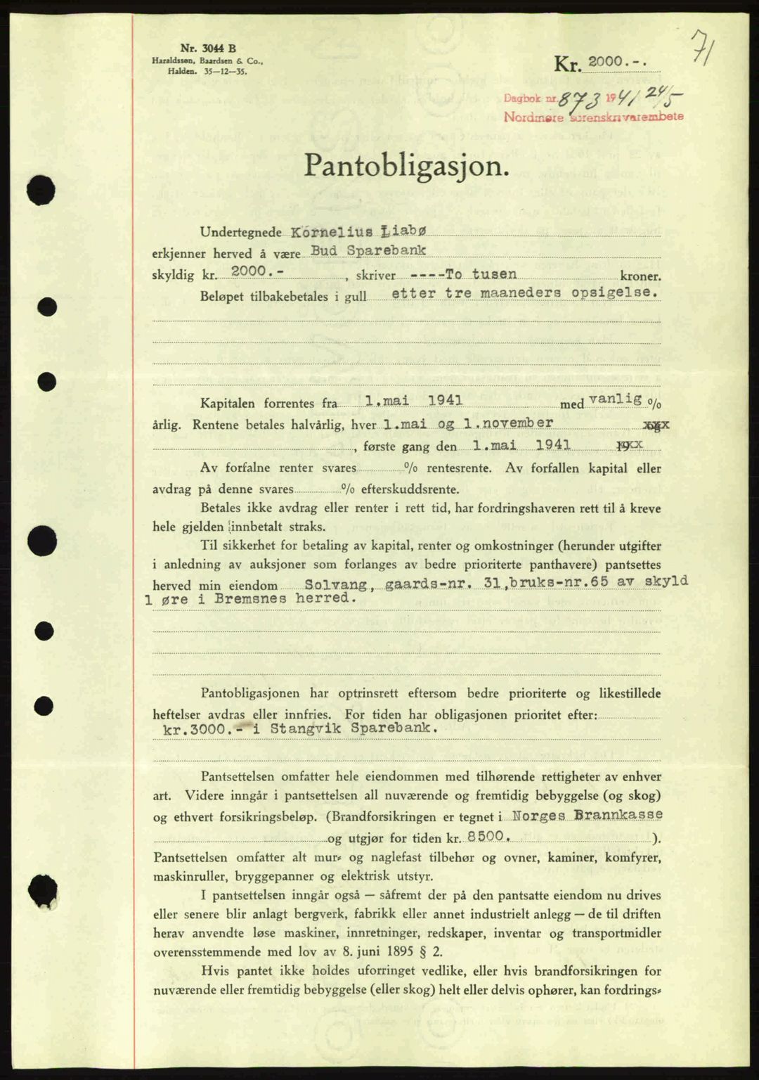 Nordmøre sorenskriveri, SAT/A-4132/1/2/2Ca: Pantebok nr. B88, 1941-1942, Dagboknr: 873/1941