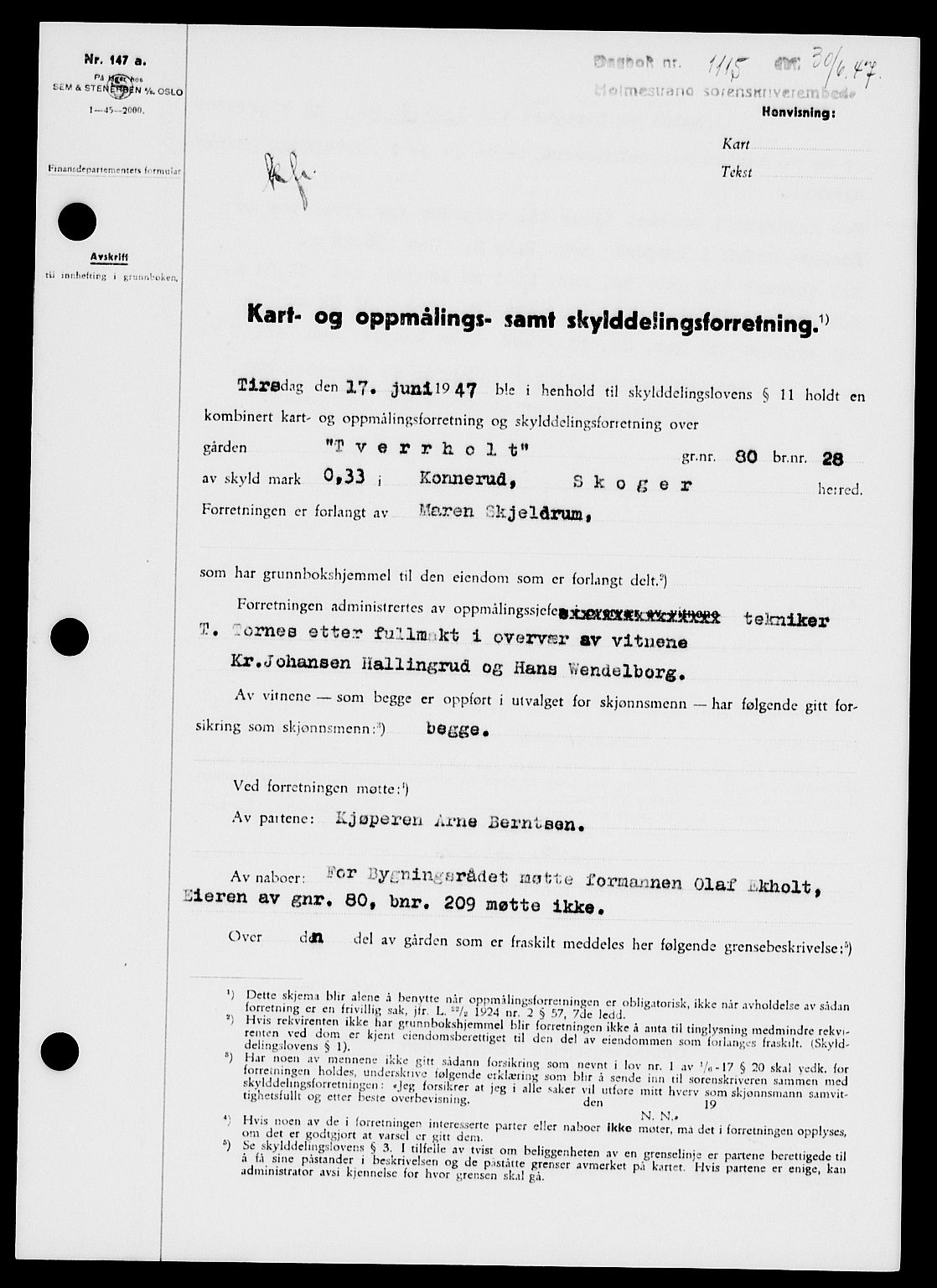 Holmestrand sorenskriveri, SAKO/A-67/G/Ga/Gaa/L0062: Pantebok nr. A-62, 1947-1947, Dagboknr: 1115/1947