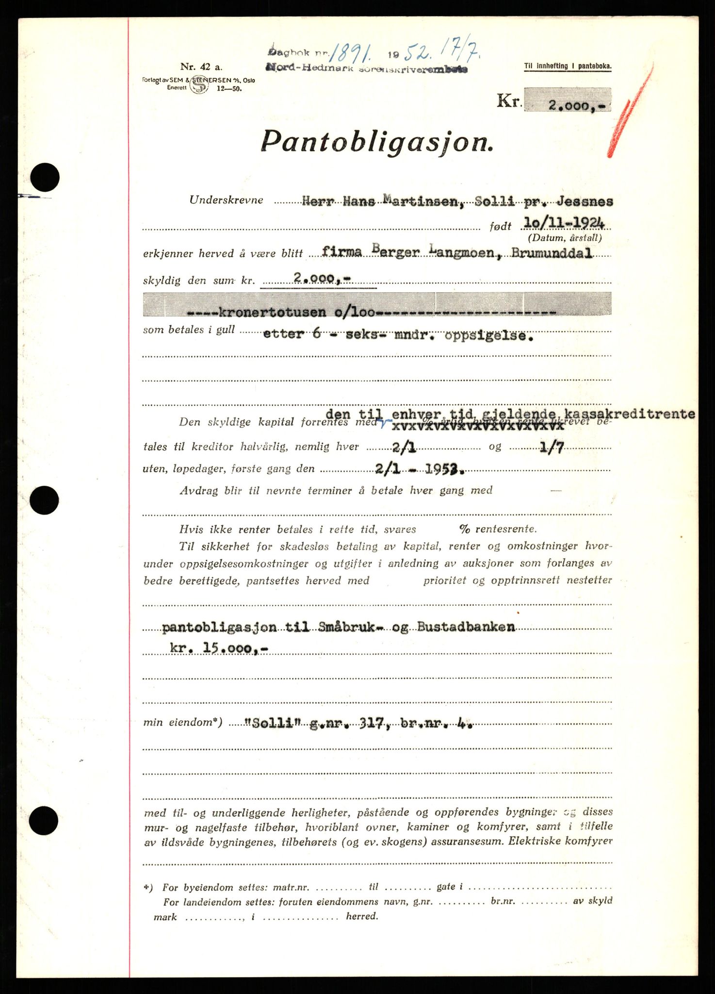 Nord-Hedmark sorenskriveri, SAH/TING-012/H/Hb/Hbf/L0025: Pantebok nr. B25, 1952-1952, Dagboknr: 1891/1952