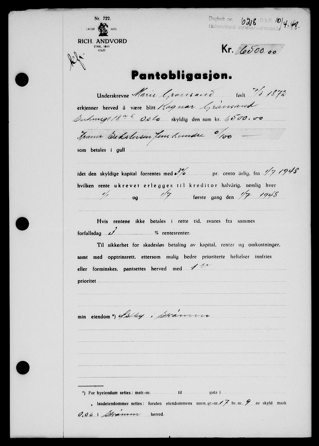 Holmestrand sorenskriveri, SAKO/A-67/G/Ga/Gab/L0058: Pantebok nr. B-58, 1947-1948, Dagboknr: 628/1948