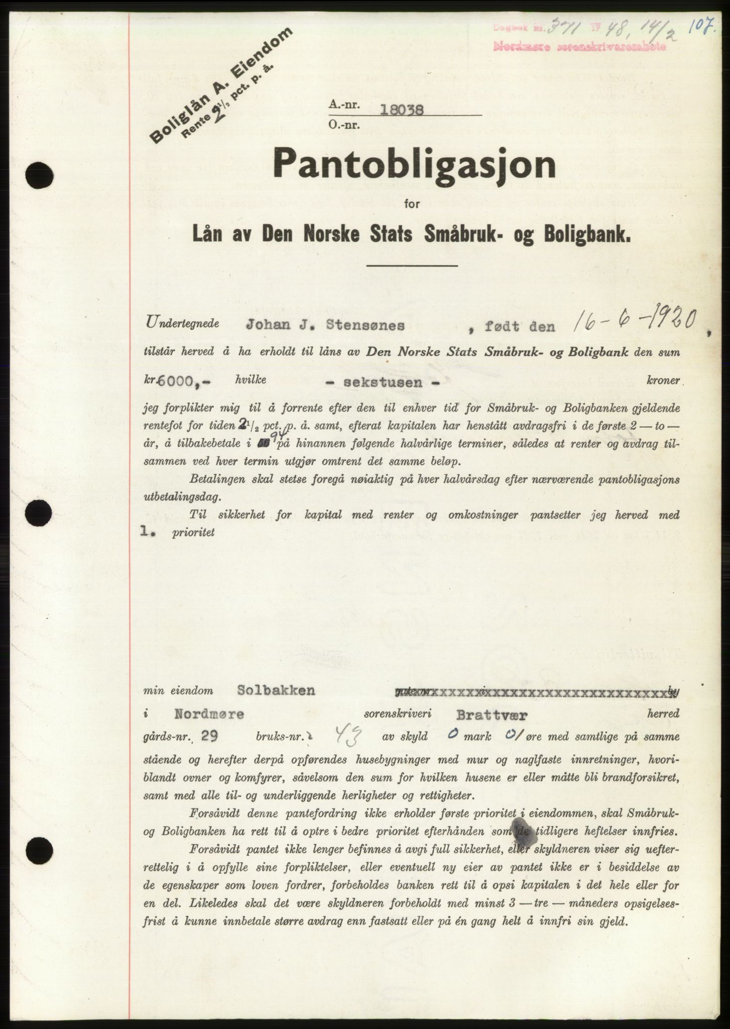 Nordmøre sorenskriveri, SAT/A-4132/1/2/2Ca: Pantebok nr. B98, 1948-1948, Dagboknr: 371/1948