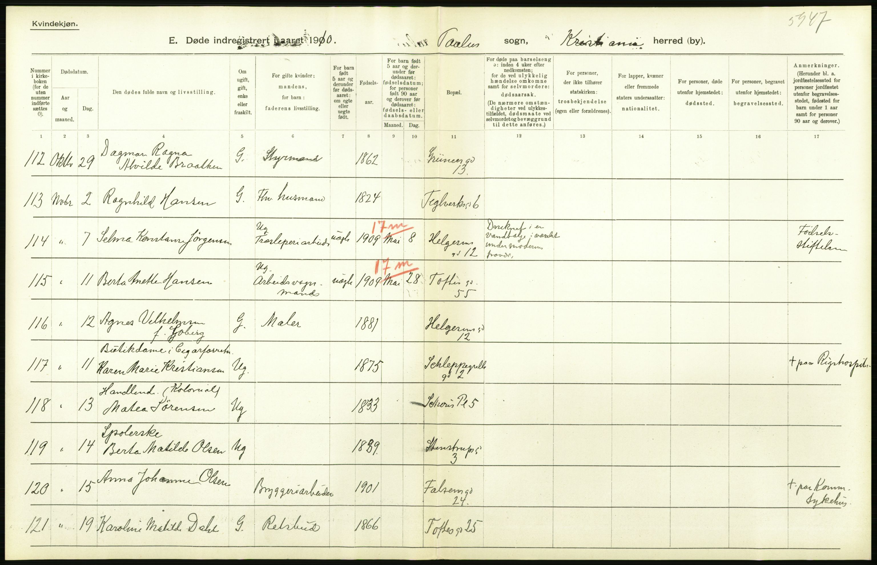 Statistisk sentralbyrå, Sosiodemografiske emner, Befolkning, RA/S-2228/D/Df/Dfa/Dfah/L0008: Kristiania: Døde, 1910, s. 318